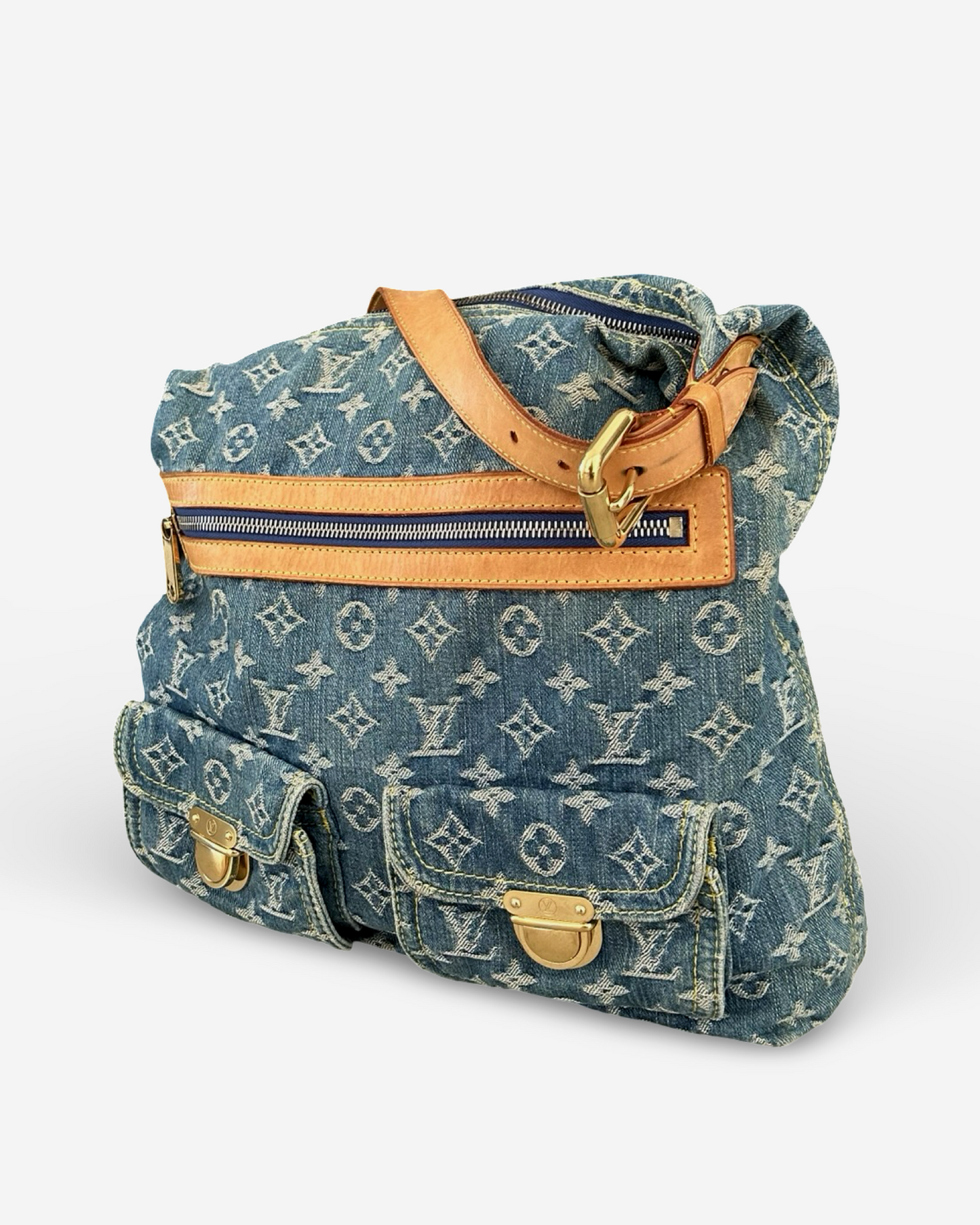 Louis Vuitton Monogram Denim Baggy GM Shoulder Bag featuring blue denim and natural Vachetta leather trim.