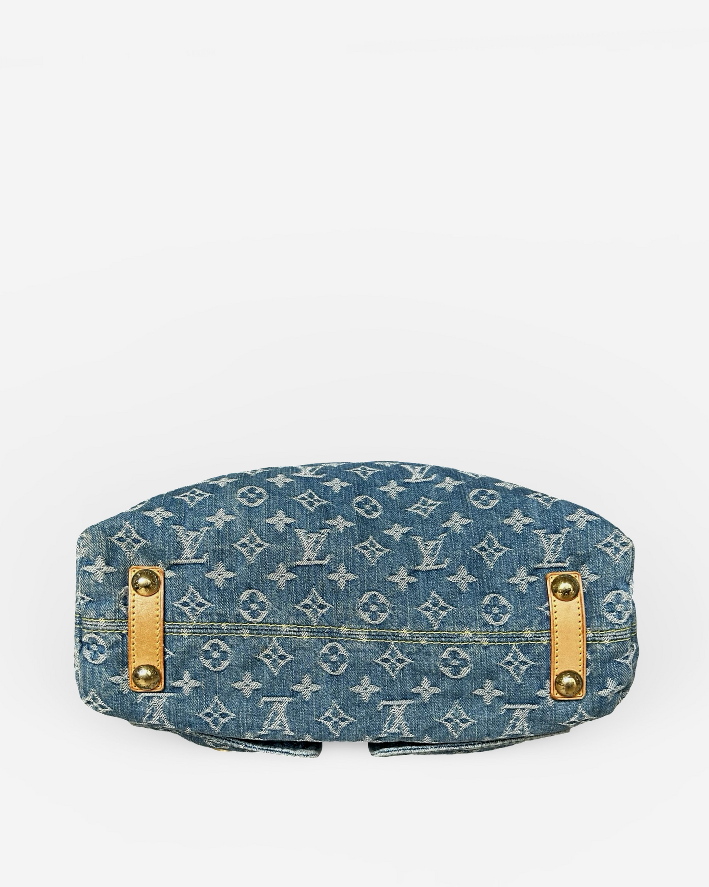 Louis Vuitton Monogram Denim Baggy GM Shoulder Bag back view with gold-tone accents on denim fabric.