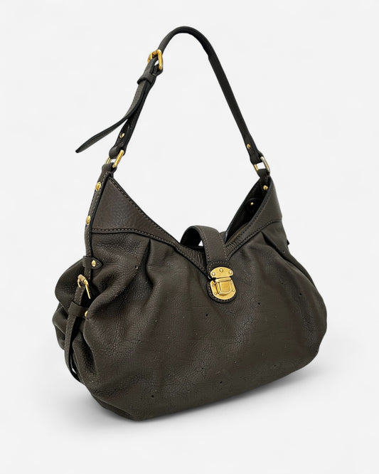 Louis Vuitton Monogram Mahina Shoulder Bag in taupe brown – side profile with soft silhouette