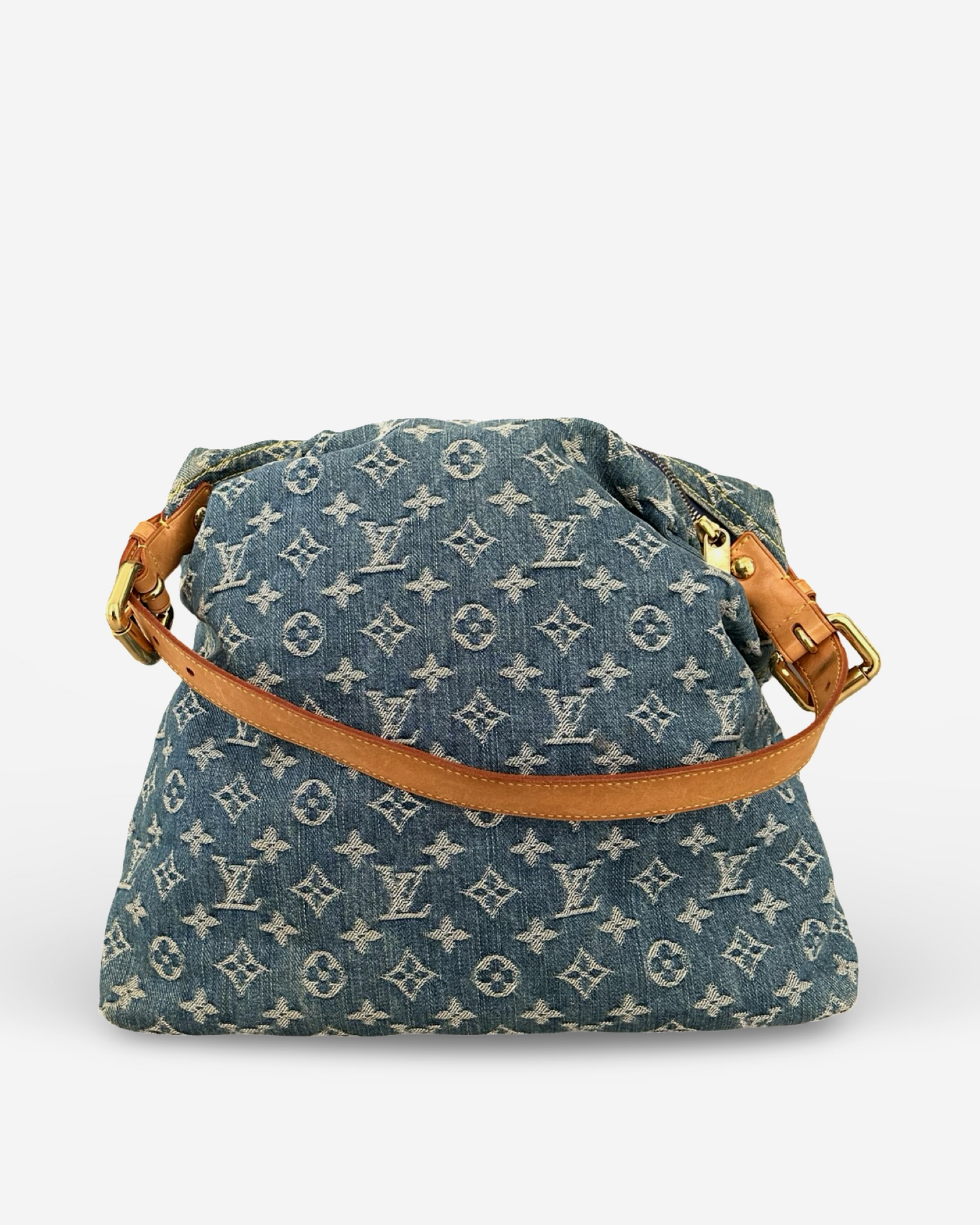 Louis Vuitton Monogram Denim Baggy GM Shoulder Bag in blue denim with leather trim and adjustable strap.