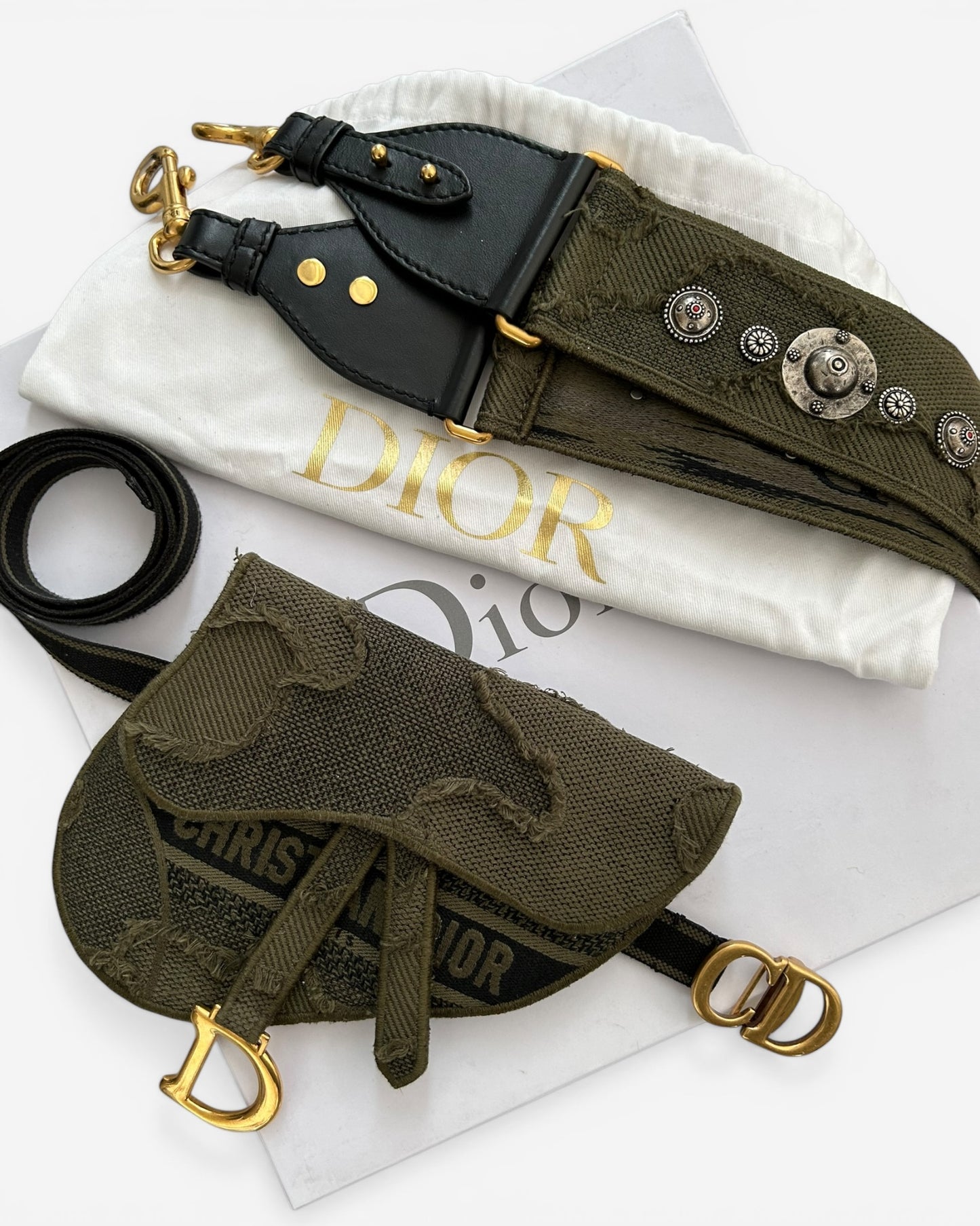 Christian Dior Canvas Embroidered Camouflage Saddle Belt Bag Green