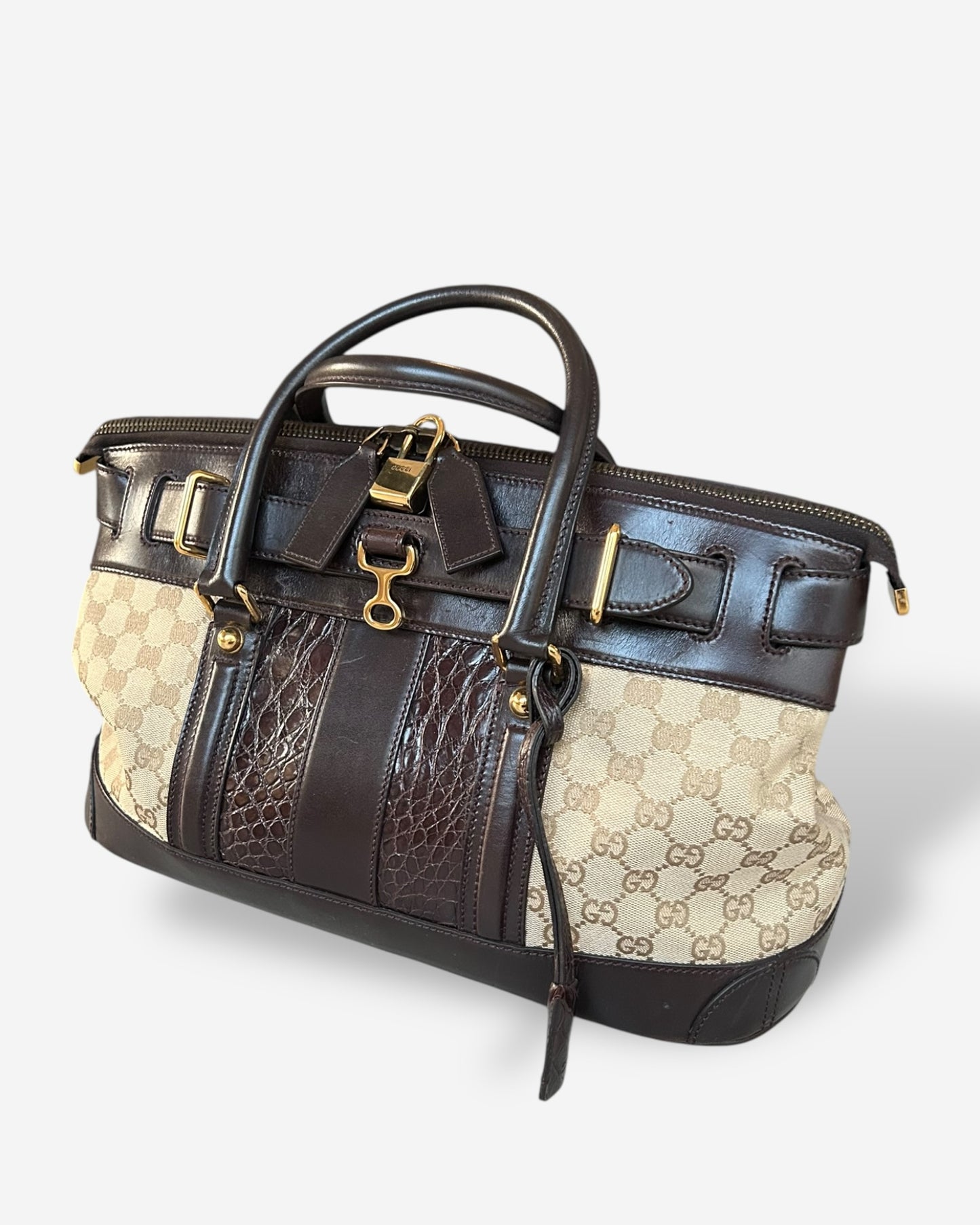 GUCCI Monogram Crocodile Web Secret Top Handle Satchel