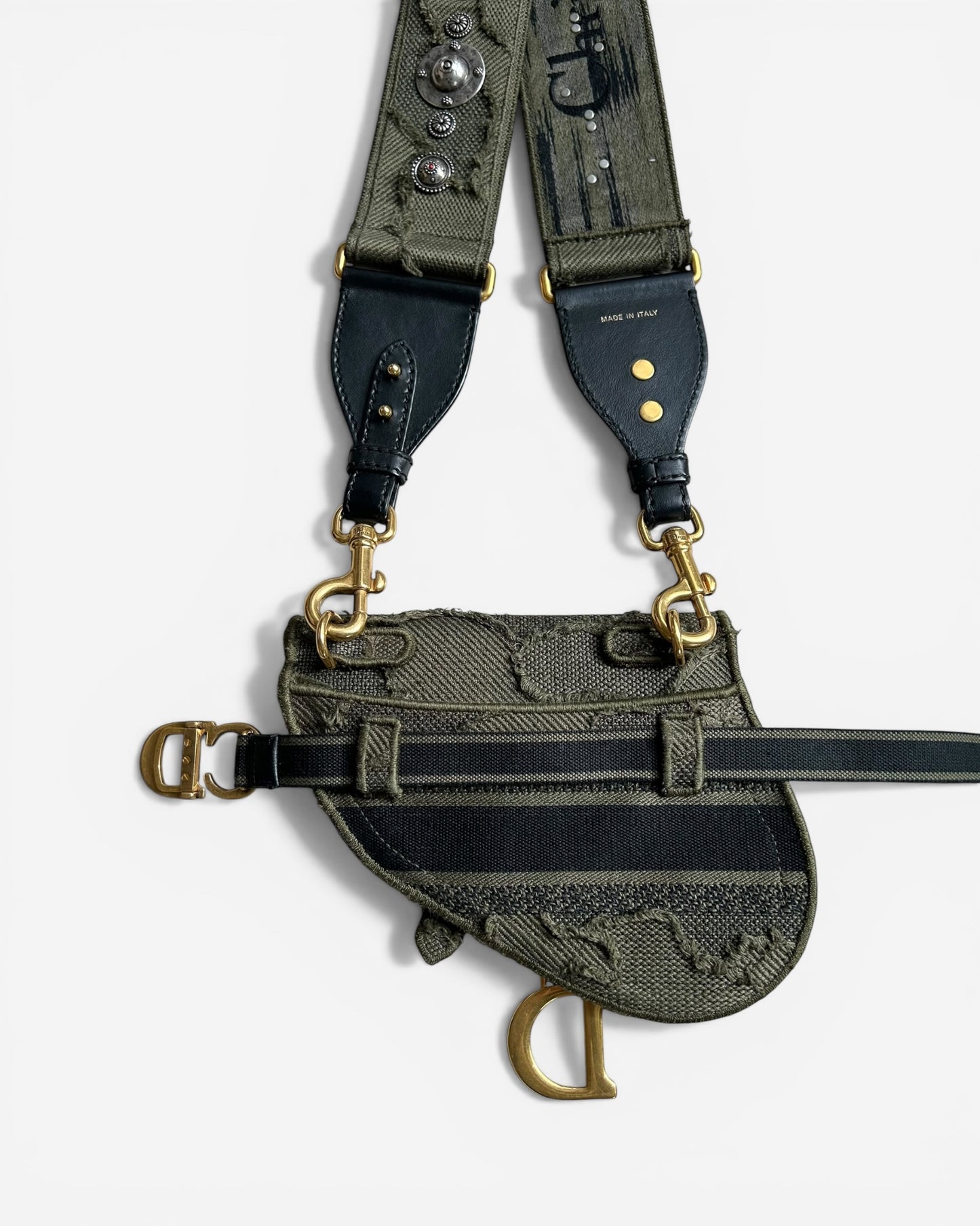 Christian Dior Canvas Embroidered Camouflage Saddle Belt Bag Green