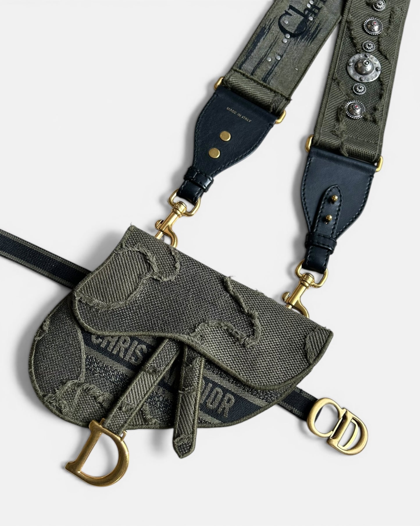 Christian Dior Canvas Embroidered Camouflage Saddle Belt Bag Green