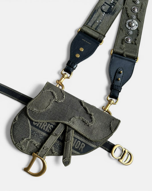 Christian Dior Canvas Embroidered Camouflage Saddle Belt Bag Green