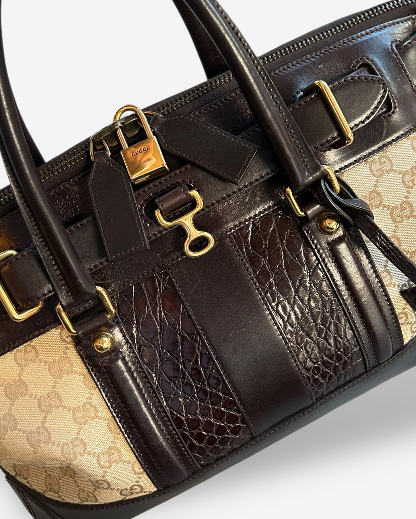 GUCCI Monogram Crocodile Web Secret Top Handle Satchel