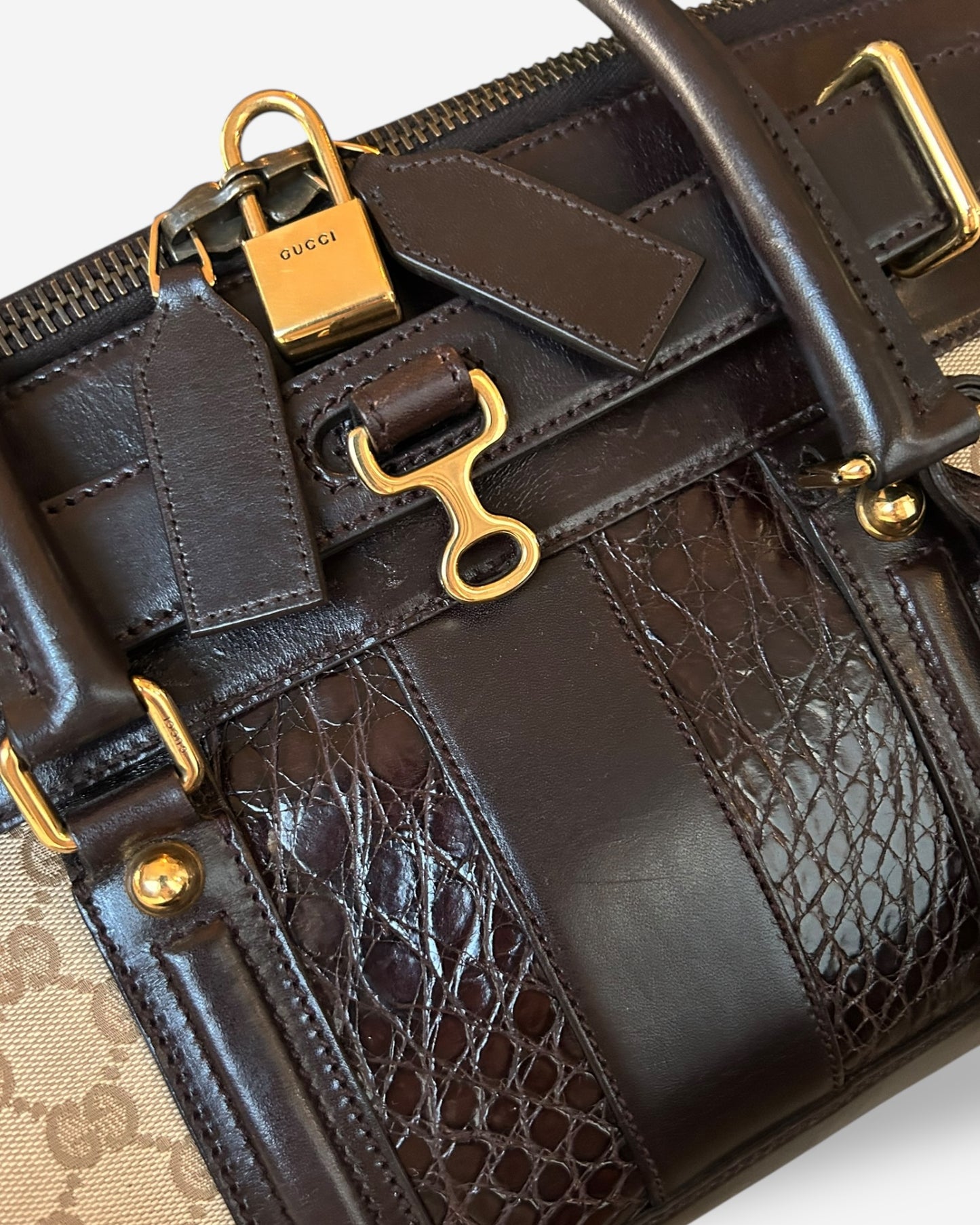 GUCCI Monogram Crocodile Web Secret Top Handle Satchel