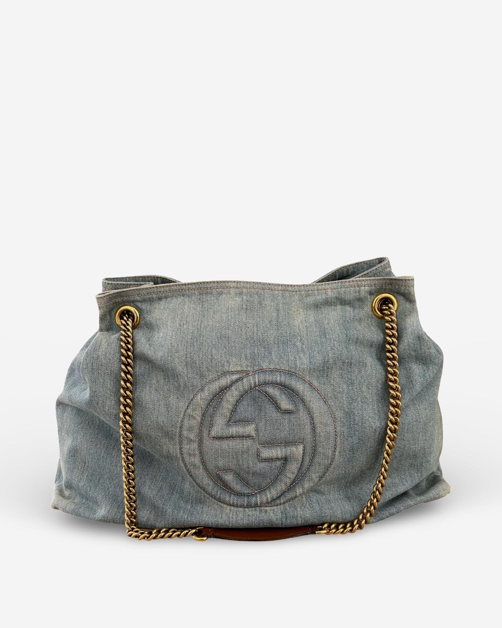 Used Gucci Soho Denim Shoulder Bag in blue with gold-tone hardware – front view