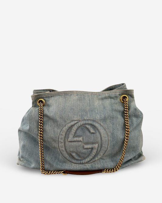 Used Gucci Soho Denim Shoulder Bag in blue with gold-tone hardware – front view