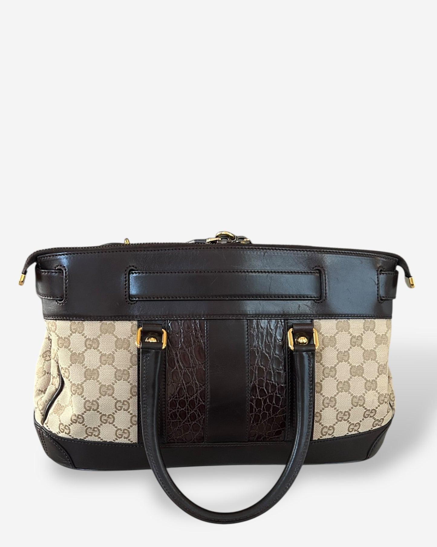 GUCCI Monogram Crocodile Web Secret Top Handle Satchel