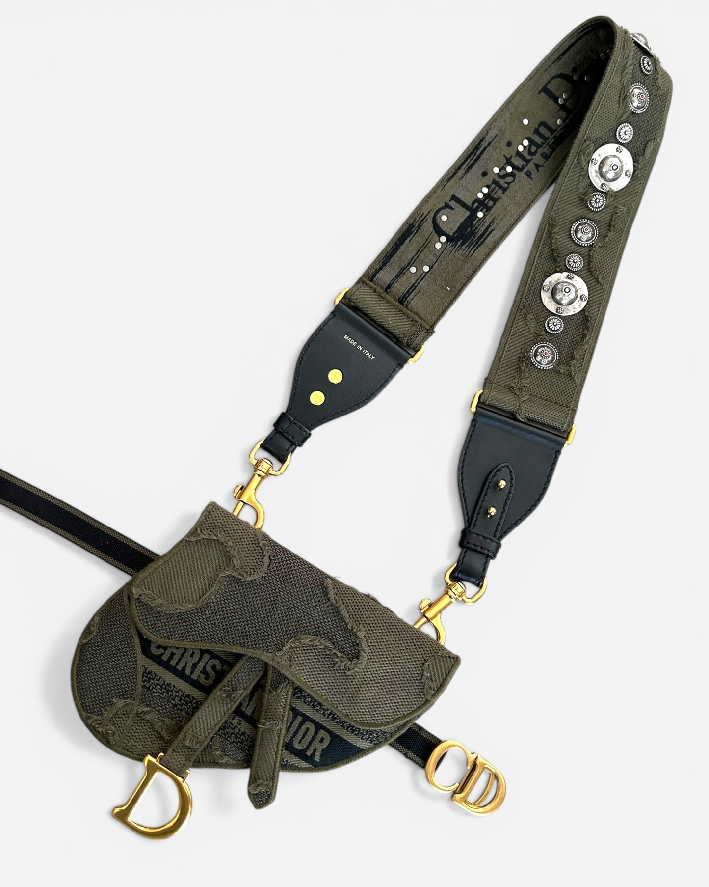 Christian Dior Canvas Embroidered Camouflage Saddle Belt Bag Green