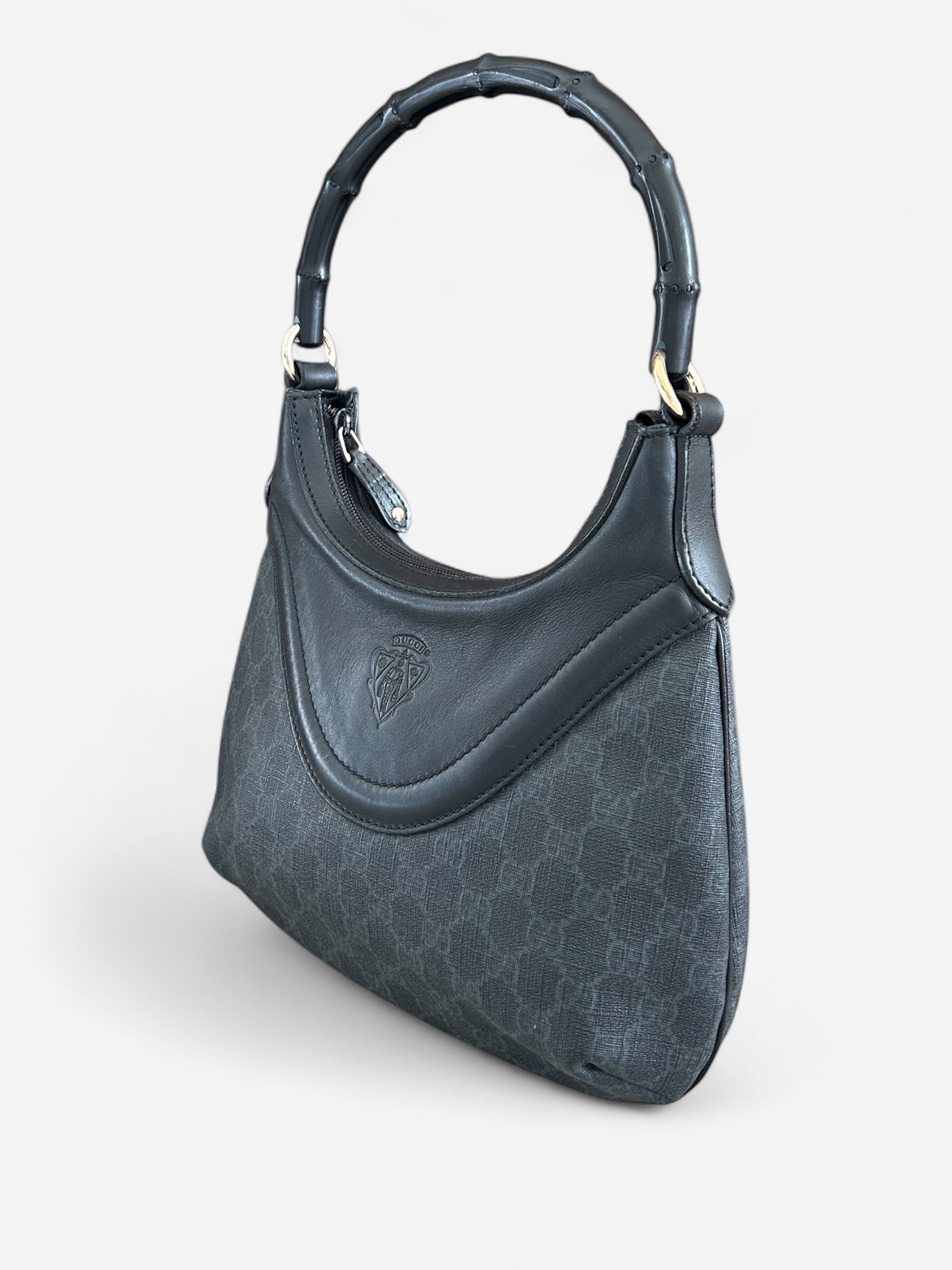 Pre-loved Gucci Hysteria Crest Bamboo handbag – second side angle showing slouchy silhouette