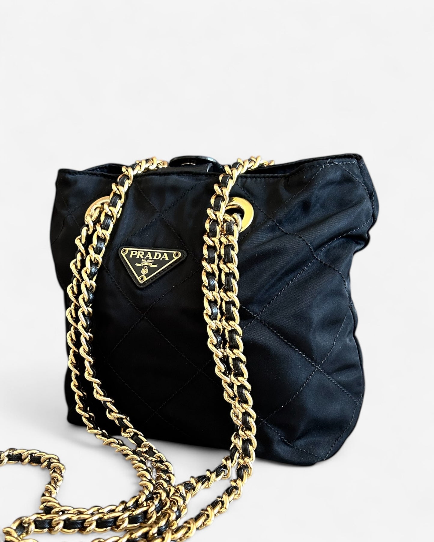 Vintage Prada black nylon chain shoulder bag – second side angle with slim shape