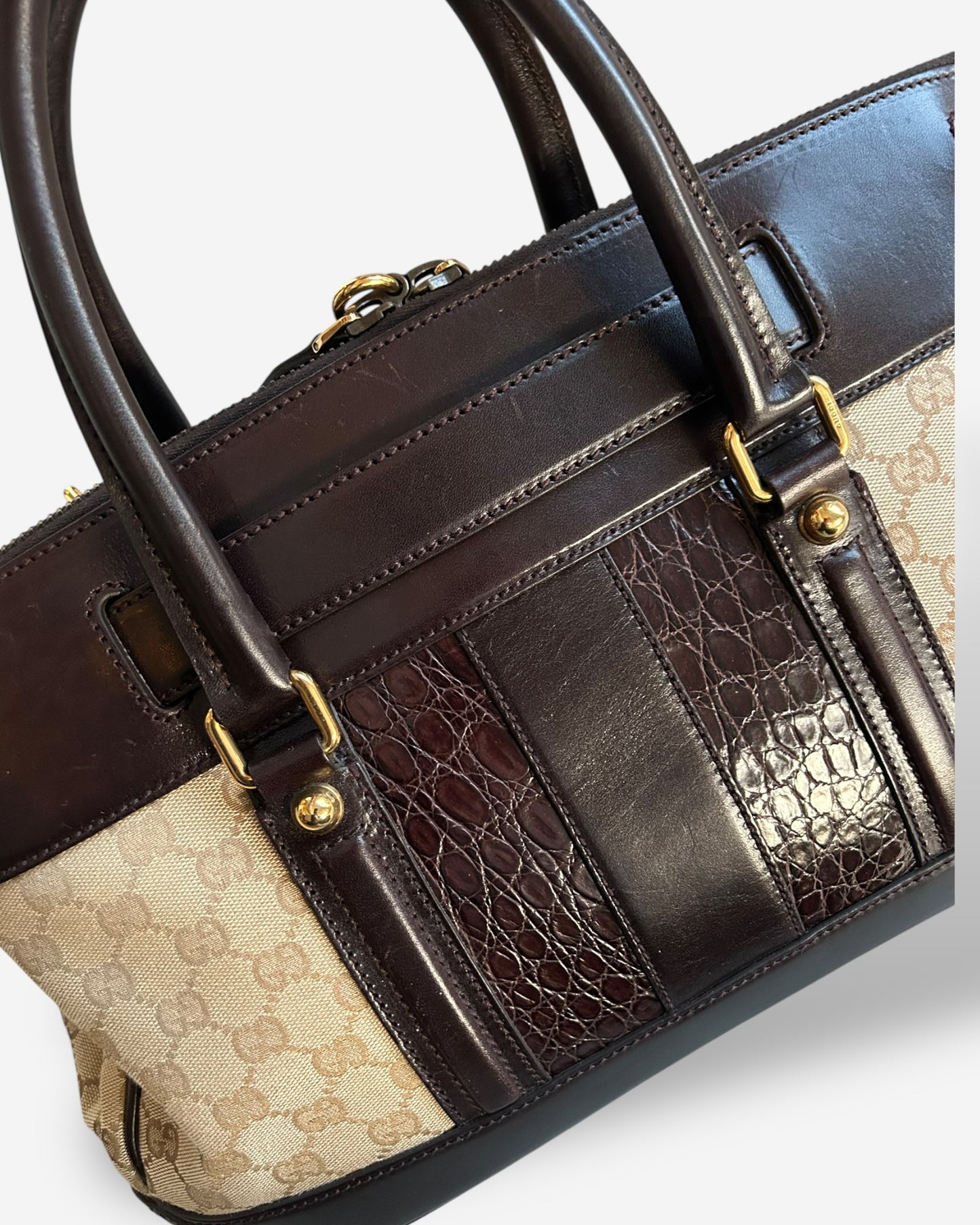 GUCCI Monogram Crocodile Web Secret Top Handle Satchel