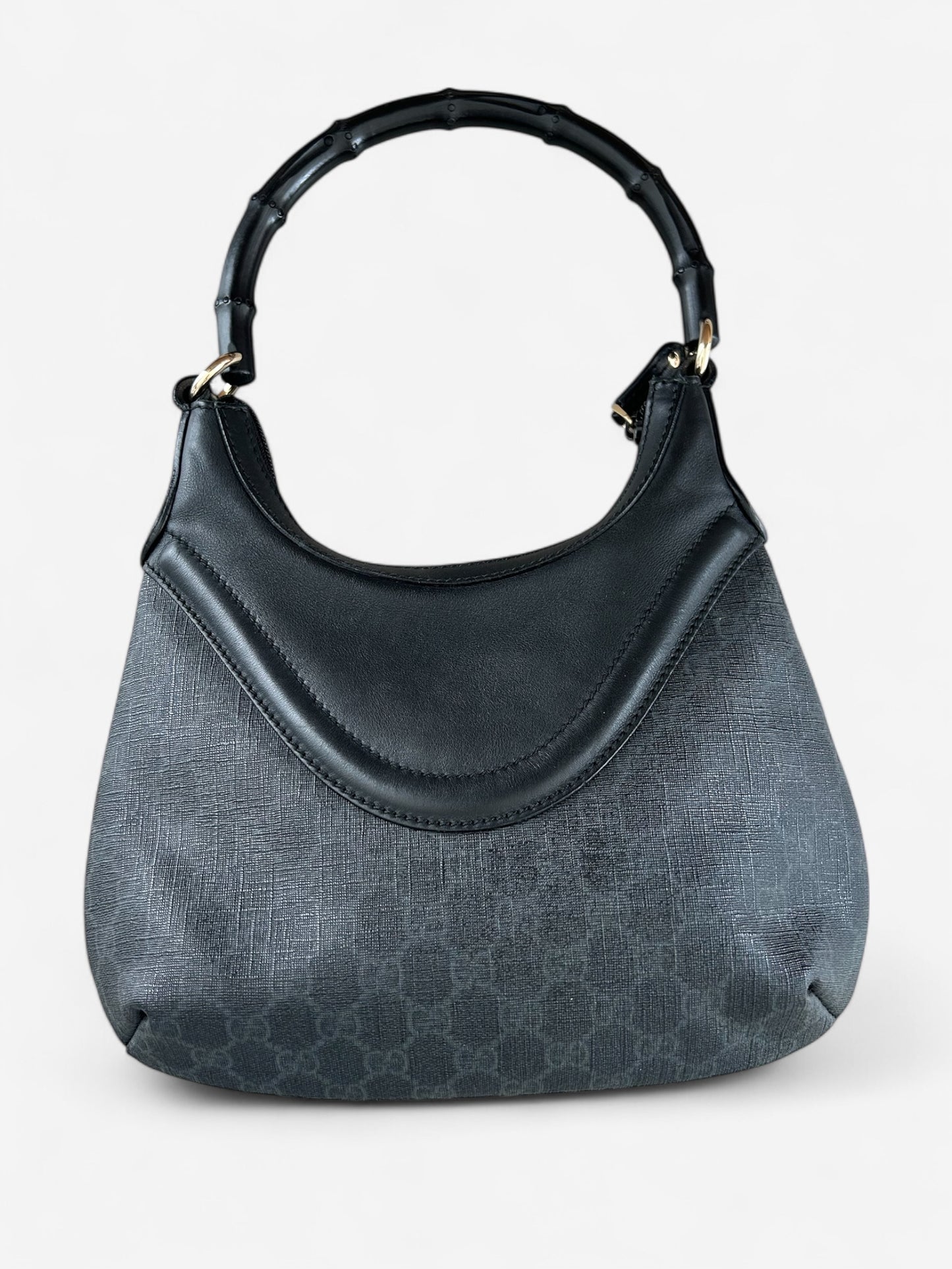 Used Gucci Hysteria Crest Bamboo handbag crafted in soft black leather – back view  Side view