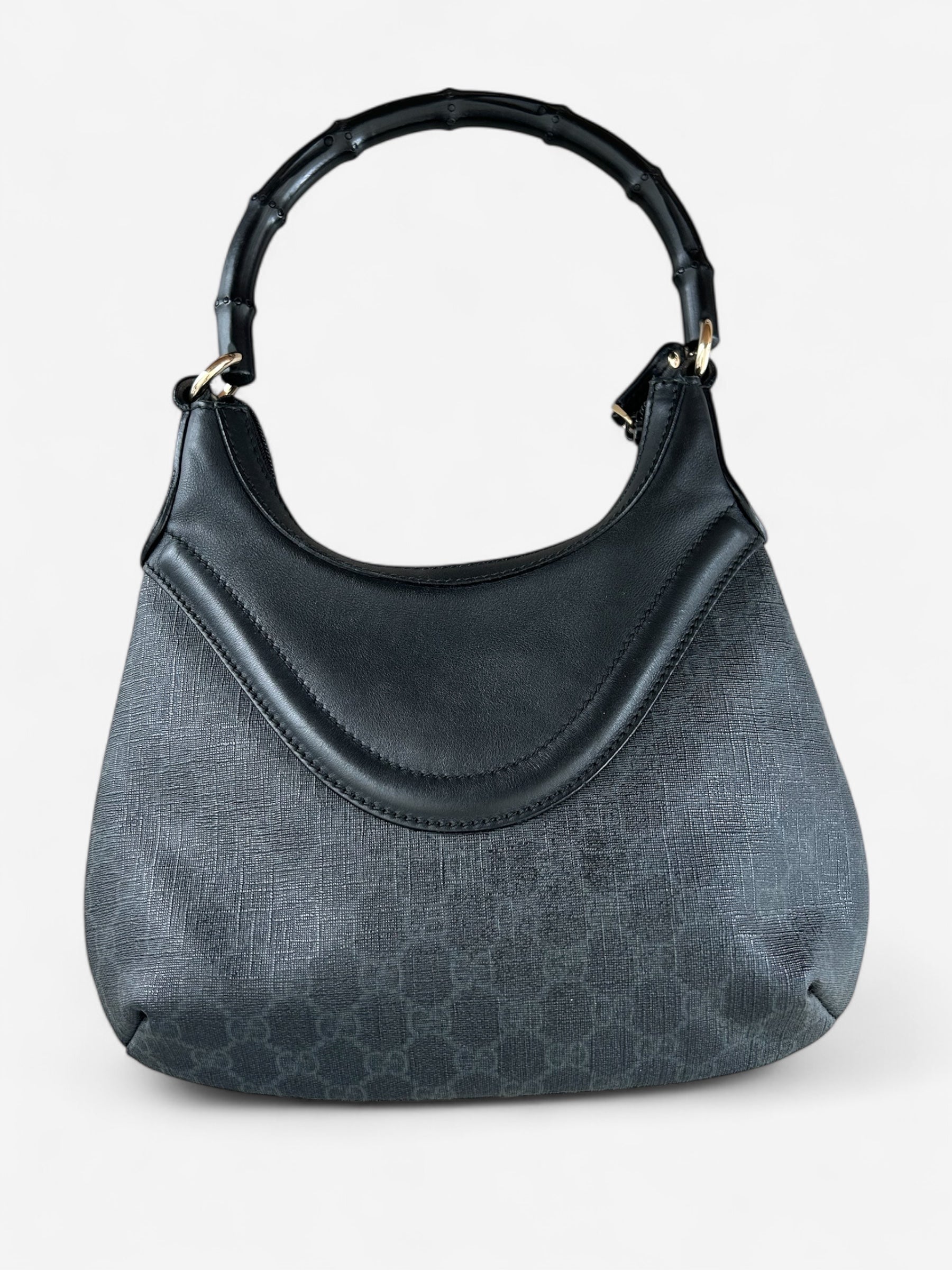 Used Gucci Hysteria Crest Bamboo handbag crafted in soft black leather – back view  Side view