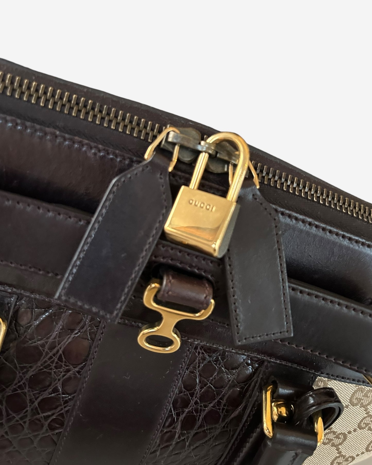 GUCCI Monogram Crocodile Web Secret Top Handle Satchel