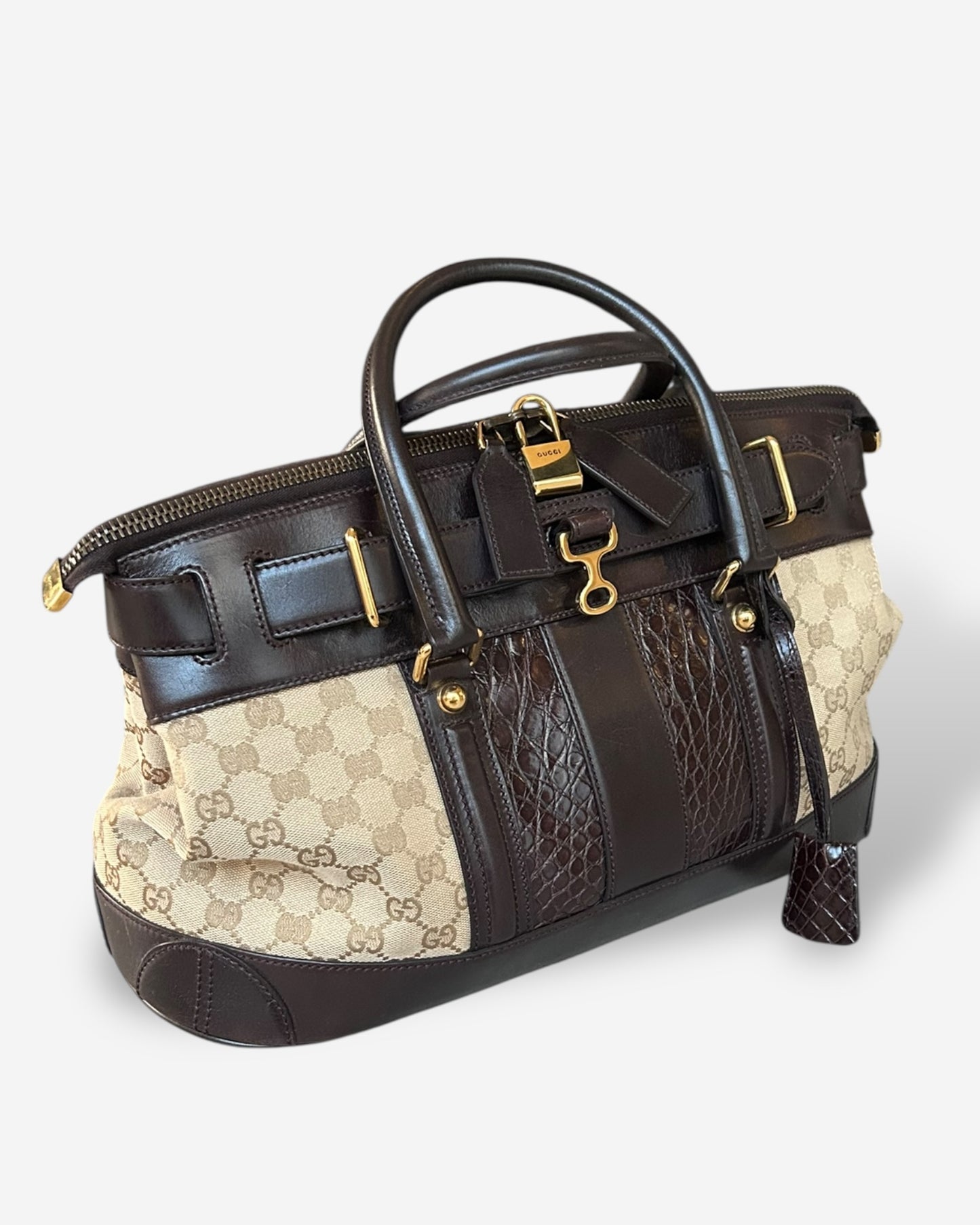 GUCCI Monogram Crocodile Web Secret Top Handle Satchel