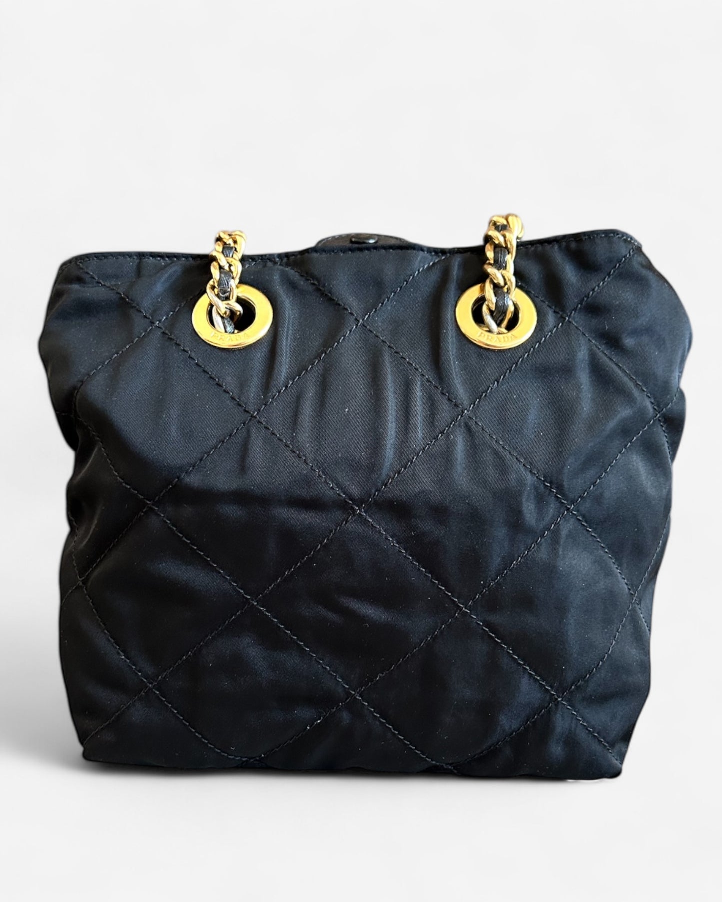 Pre-owned Prada black nylon chain shoulder bag – back view with classic silhouette