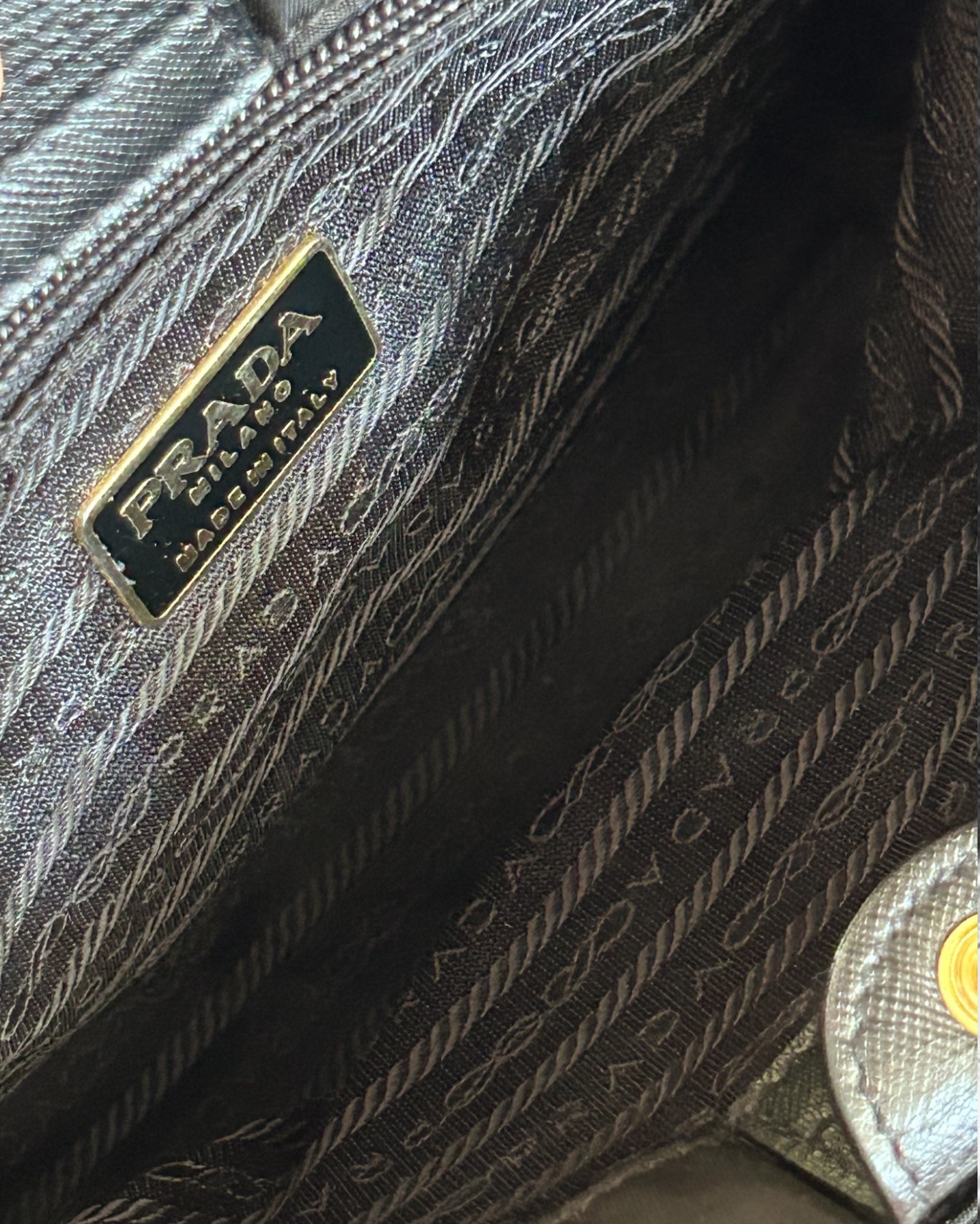 Interior of vintage Prada nylon chain shoulder bag – zip pocket and fabric lining