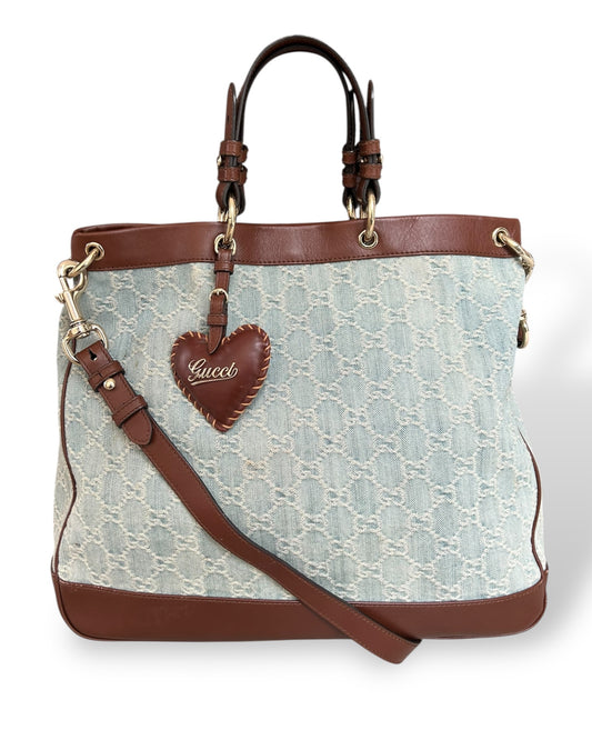 Gucci Blue GG Distressed Denim Valentine Top Handle Tote