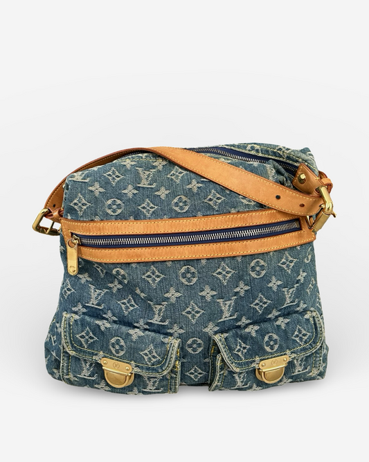 Louis Vuitton Monogram Denim Baggy GM Shoulder Bag with Vachetta leather trim and gold-tone closures