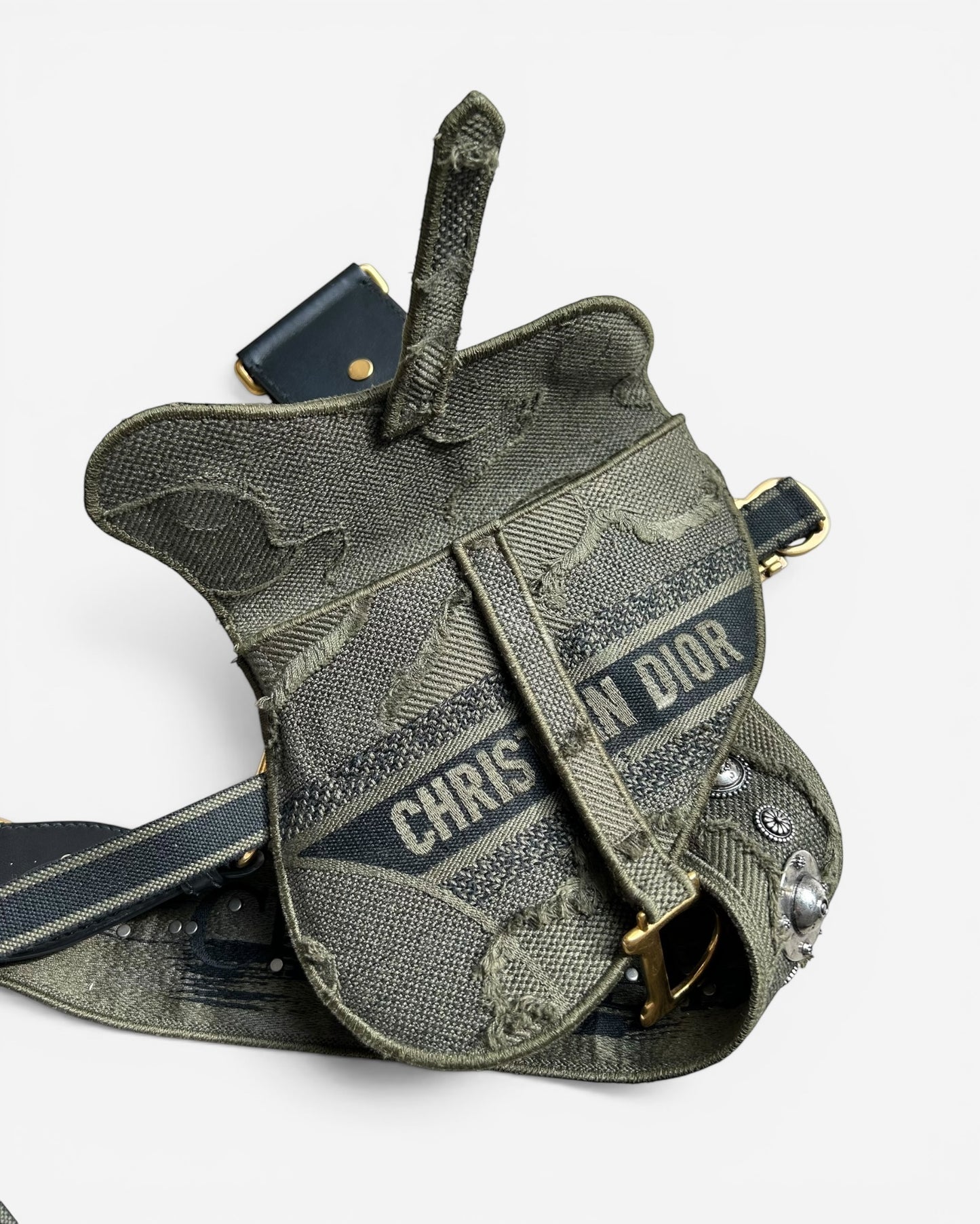Christian Dior Canvas Embroidered Camouflage Saddle Belt Bag Green