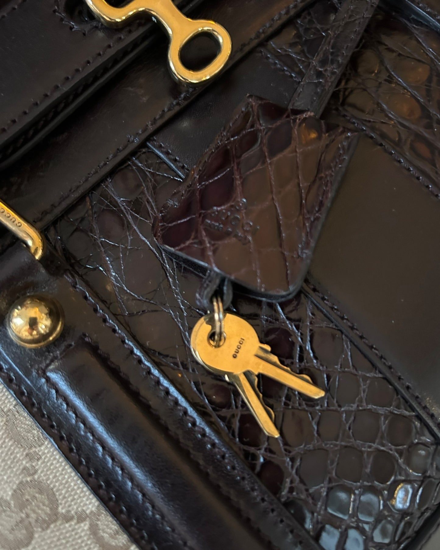 GUCCI Monogram Crocodile Web Secret Top Handle Satchel