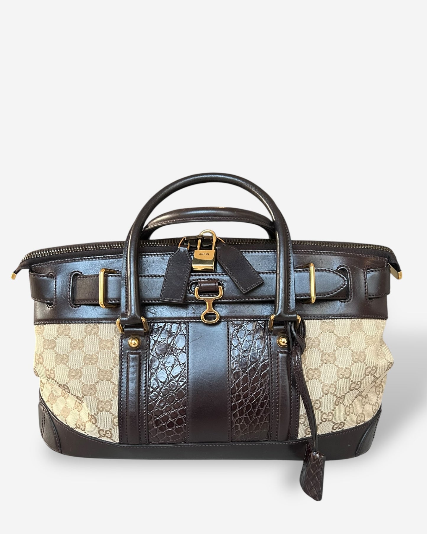 GUCCI Monogram Crocodile Web Secret Top Handle Satchel