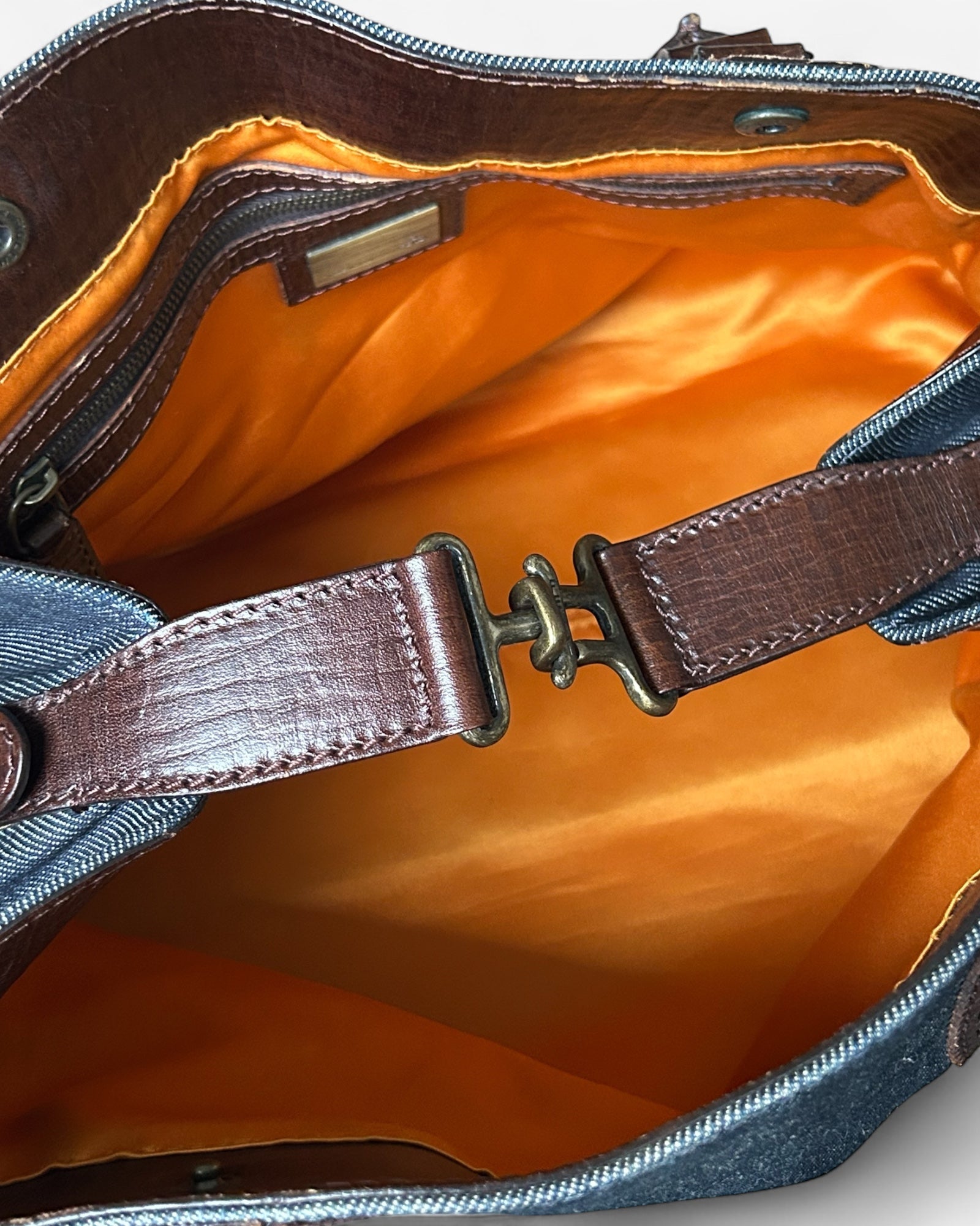 interior view of fendi denim tote with fabric lining