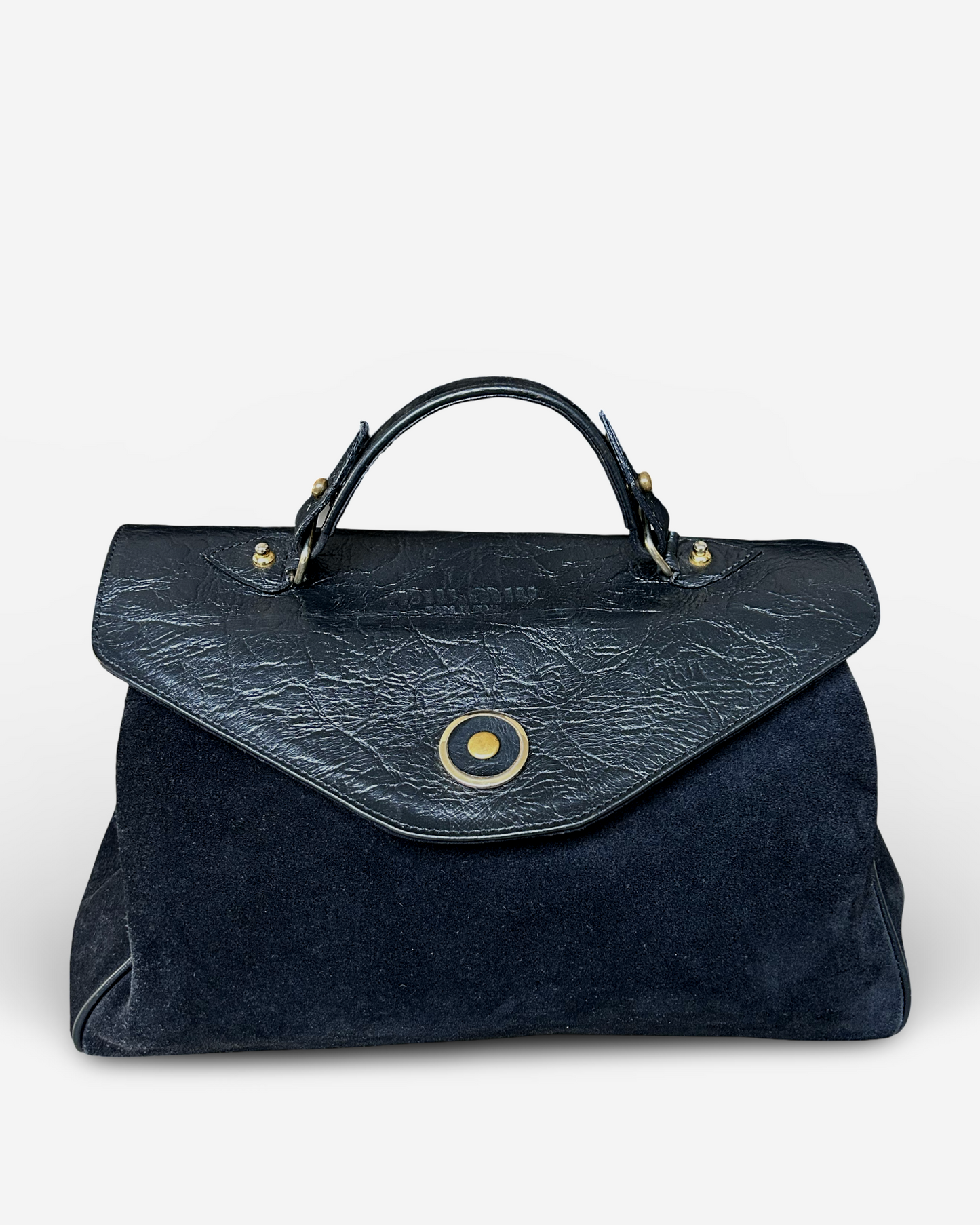 Front view Vintage Miu Miu handbag in black suede and leather – pre-owned designer bag front view