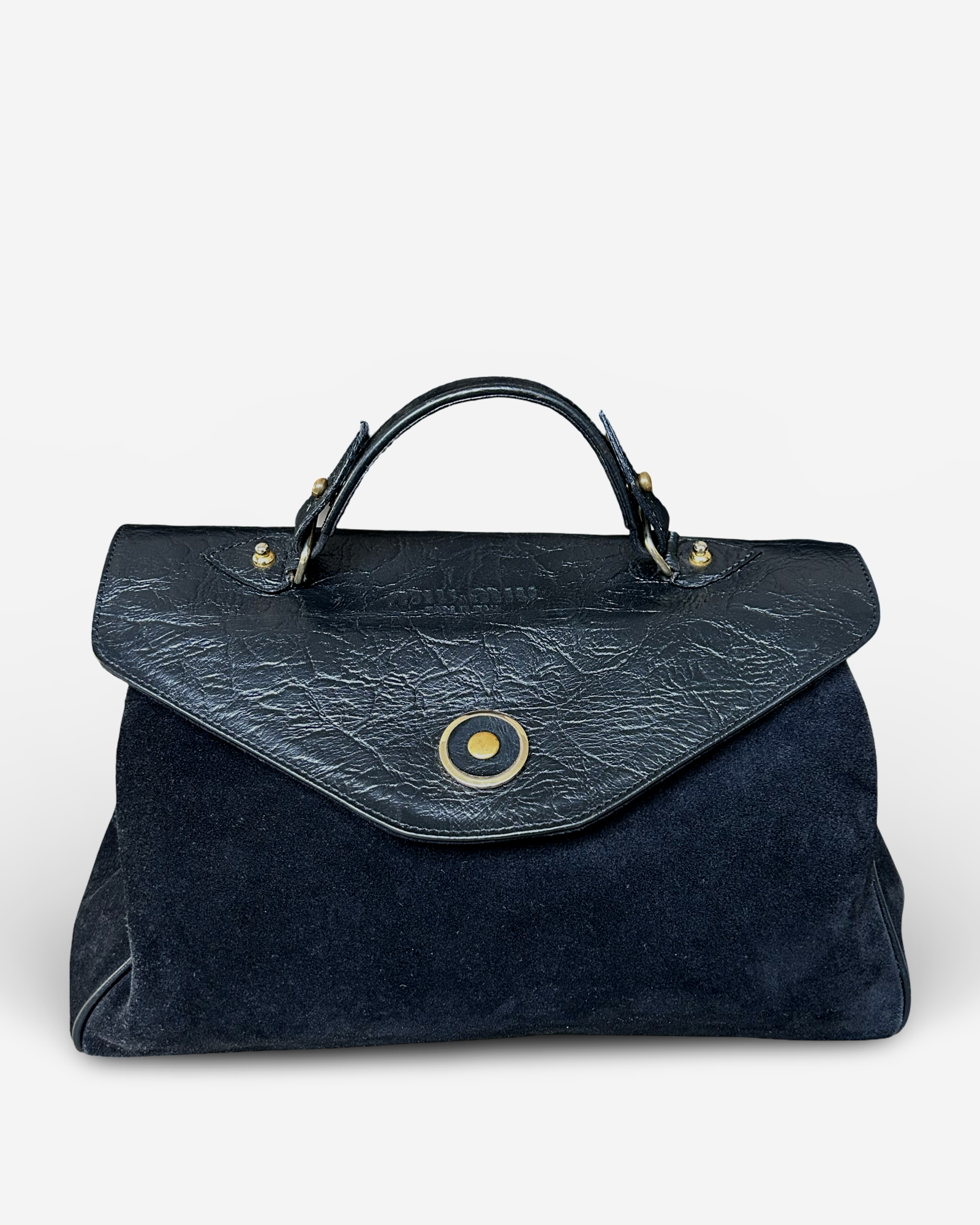 Front view Vintage Miu Miu handbag in black suede and leather – pre-owned designer bag front view