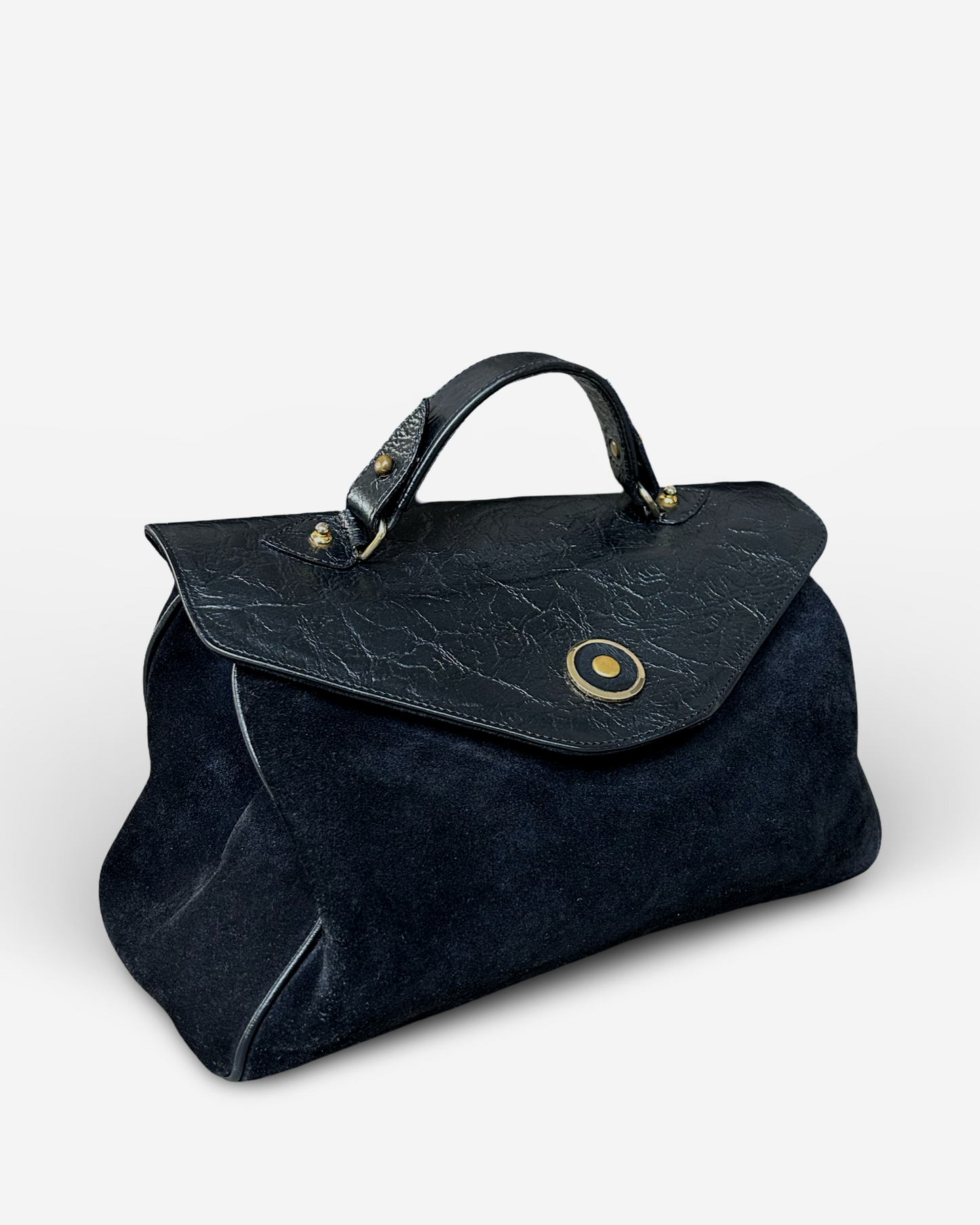 Pre-owned Miu Miu handbag in black suede and leather – side profile with structured shape