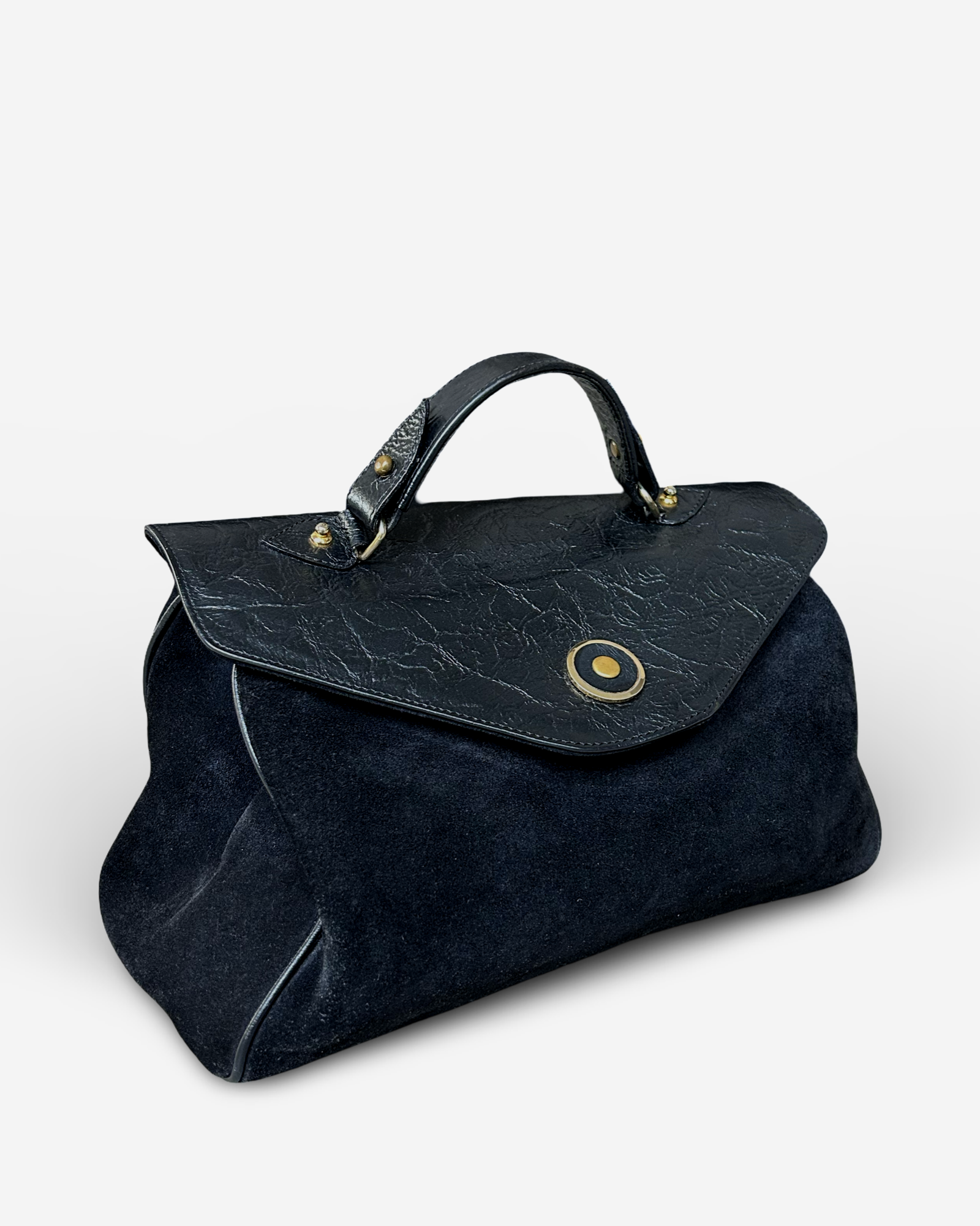 Pre-owned Miu Miu handbag in black suede and leather – side profile with structured shape