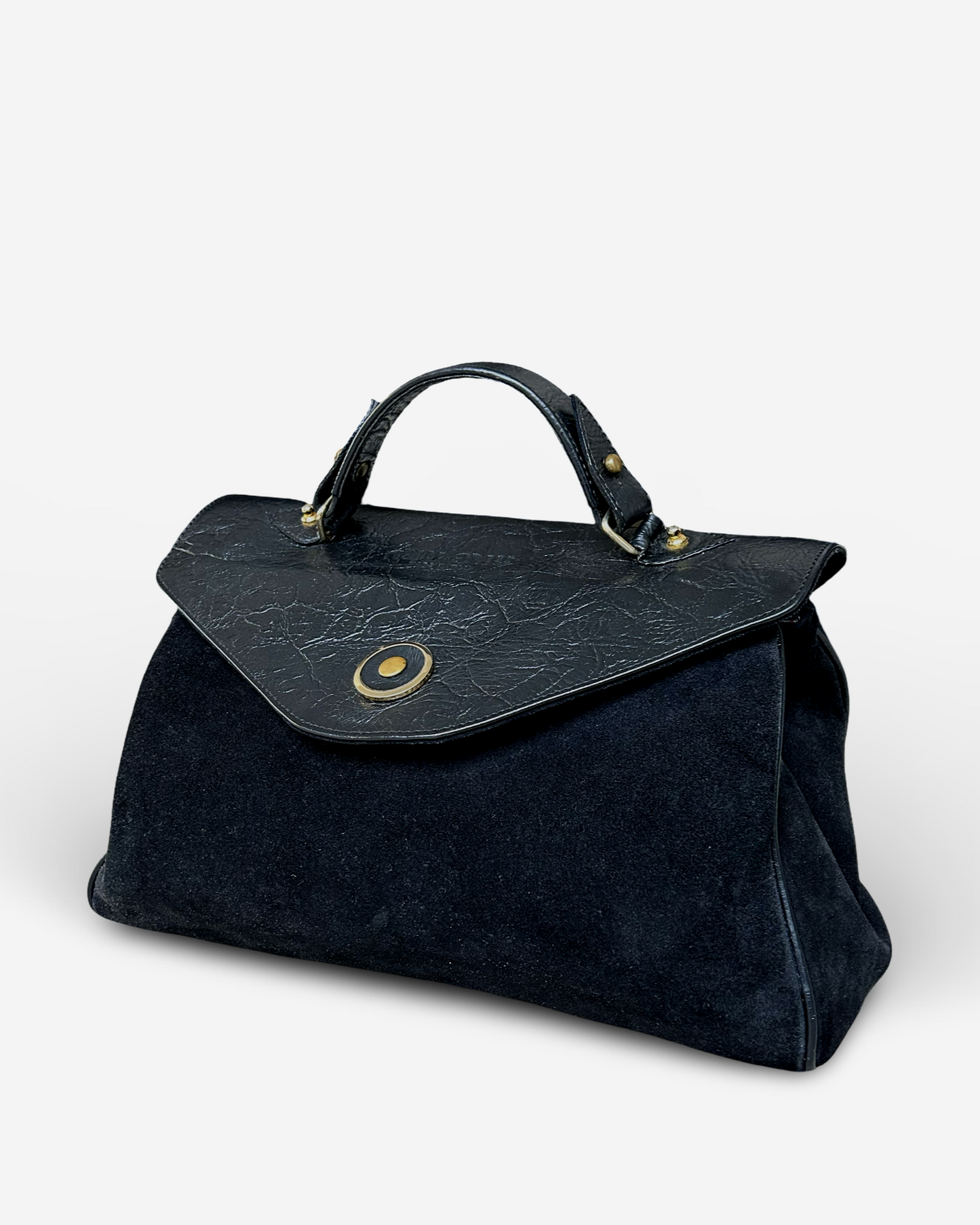 Vintage Miu Miu handbag in black suede and leather – alternate side view showing relaxed silhouette