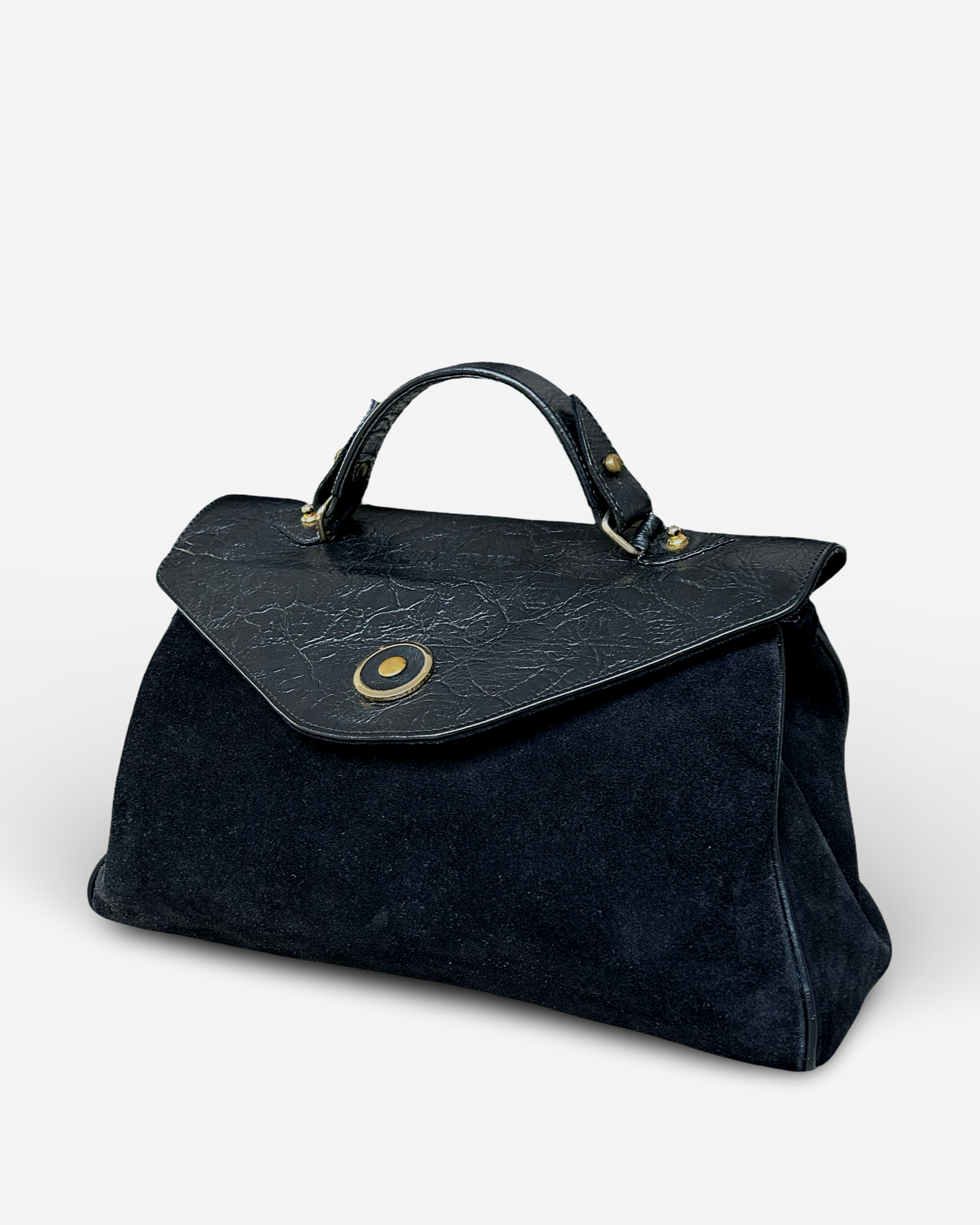 Vintage Miu Miu handbag in black suede and leather – alternate side view showing relaxed silhouette