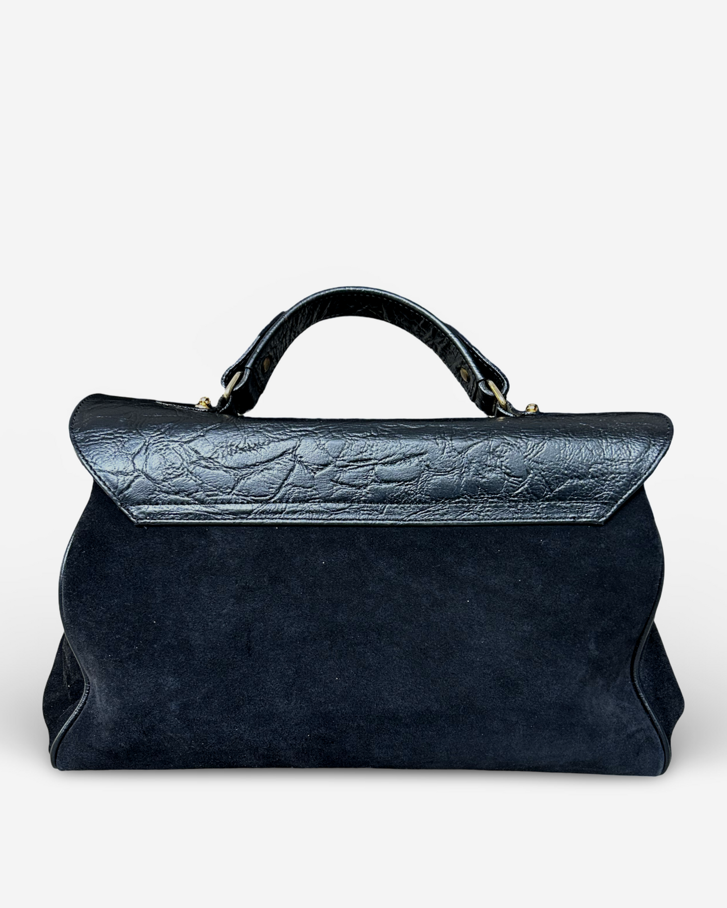 Used Miu Miu handbag crafted from black suede and leather – back view with top handle