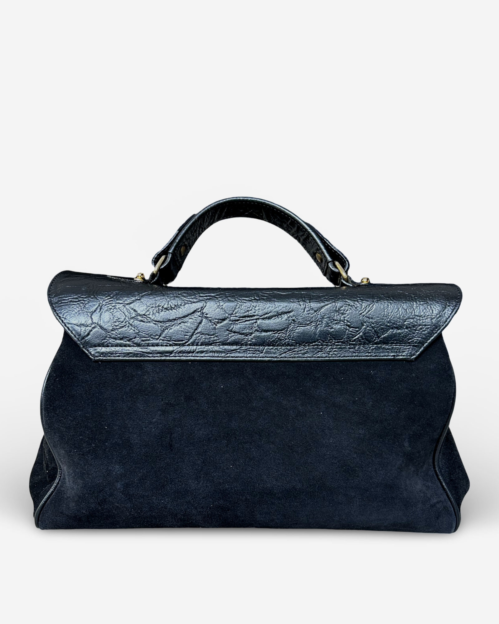 Used Miu Miu handbag crafted from black suede and leather – back view with top handle