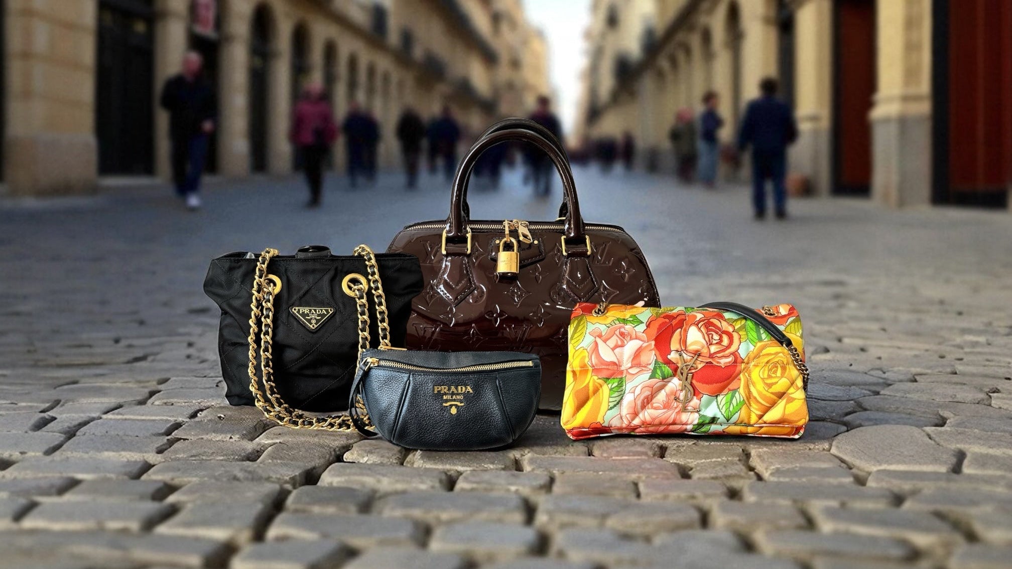 photo Prada and LV and YSL bags street style 