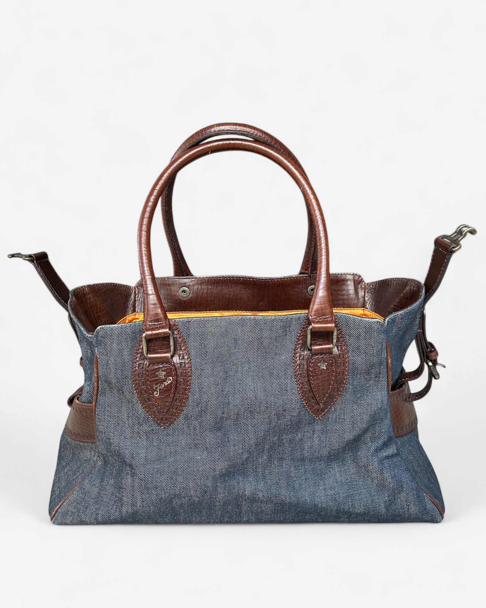 fendi denim and leather tote bag front view open