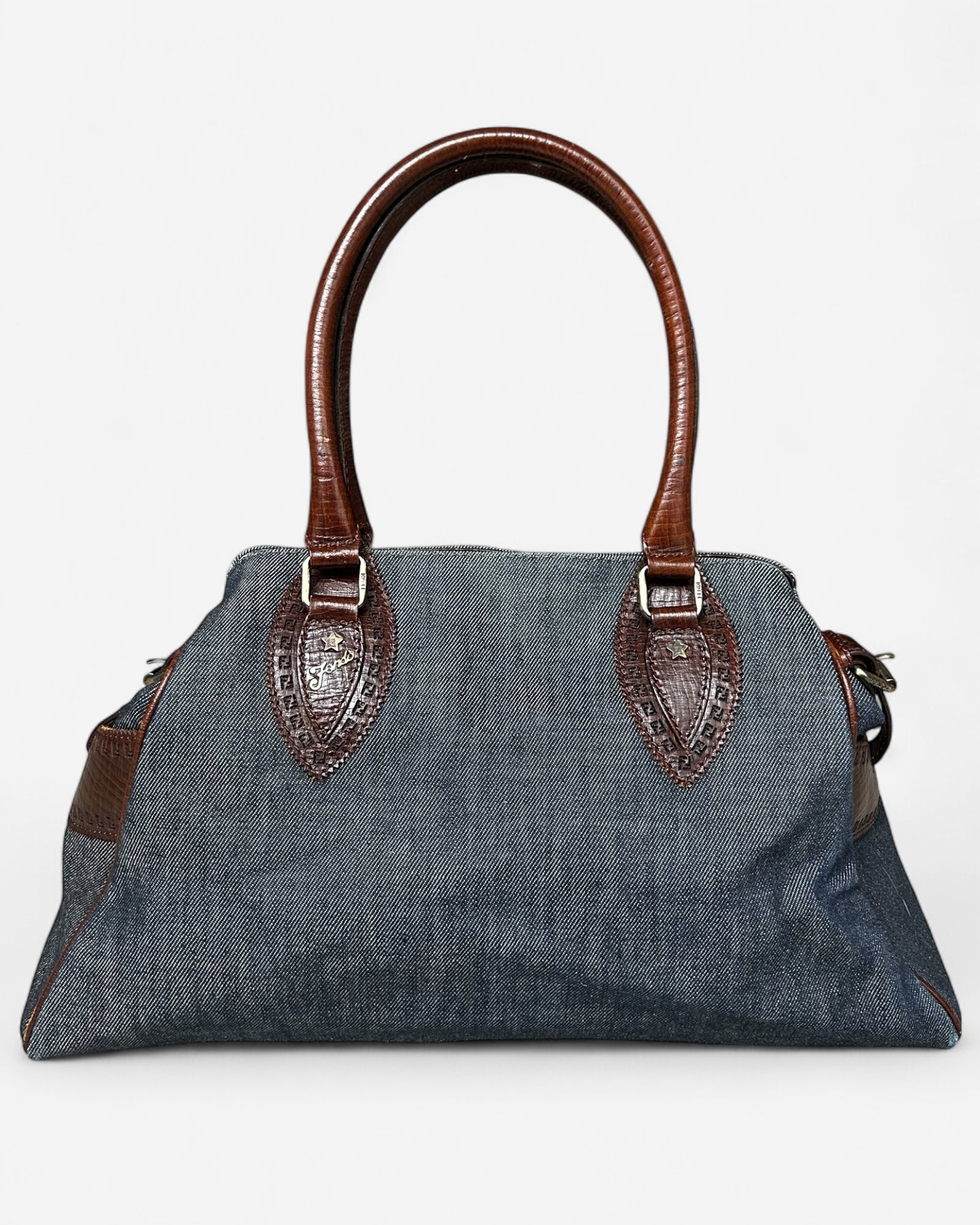 fendi denim and leather tote bag front view