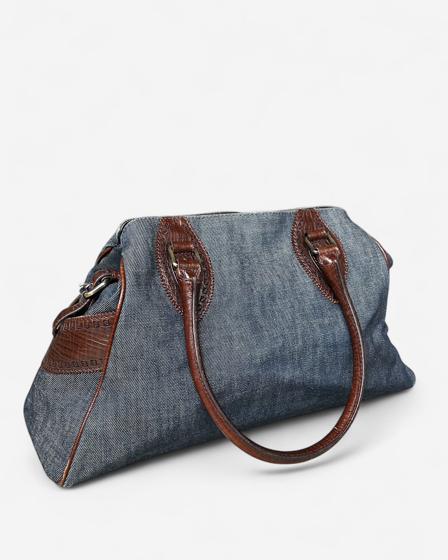 side view of fendi brown leather and blue denim tote