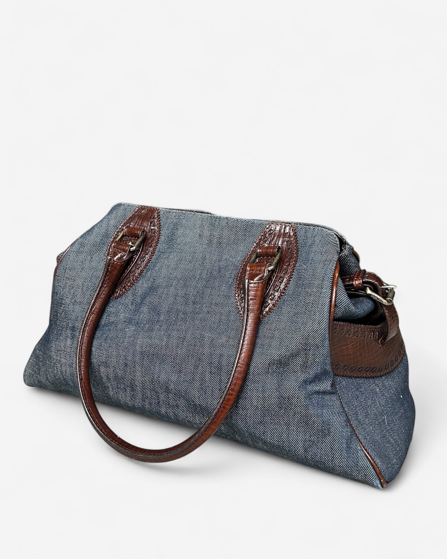 corner wear detail of fendi denim leather tote bag