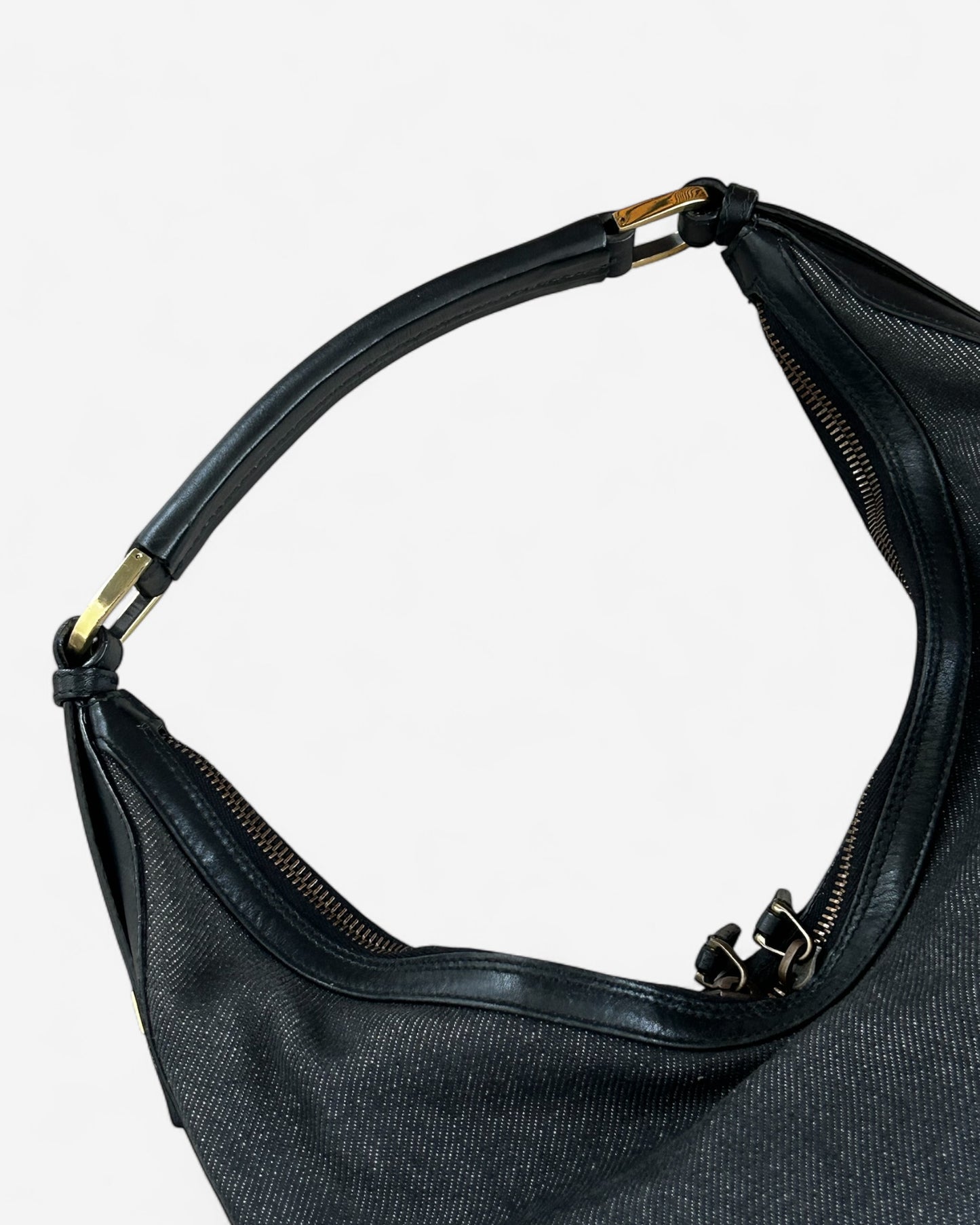 slouchy black denim gucci hobo bag with leather strap