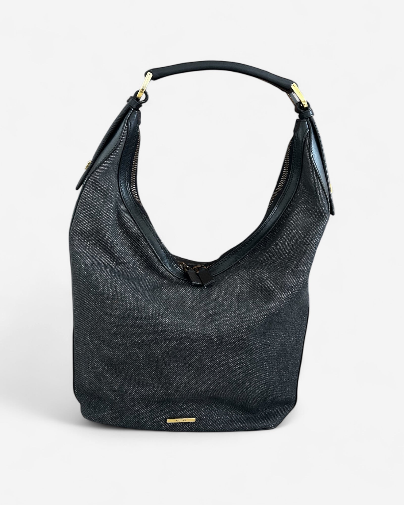 gucci web hobo bag in black denim with leather trim