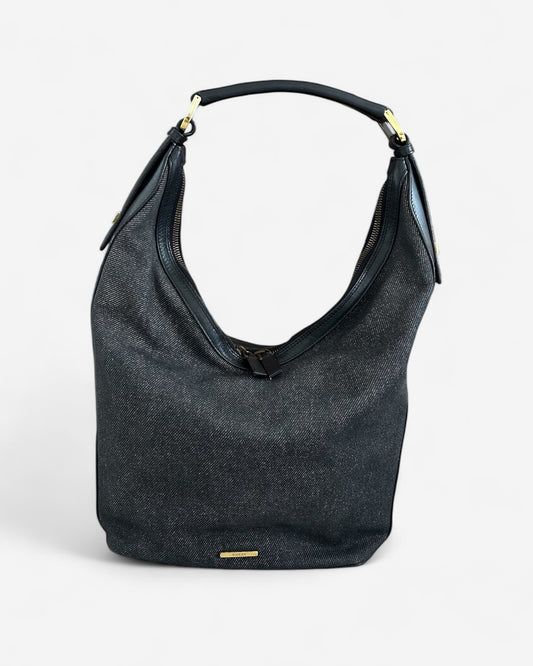 gucci web hobo bag in black denim with leather trim