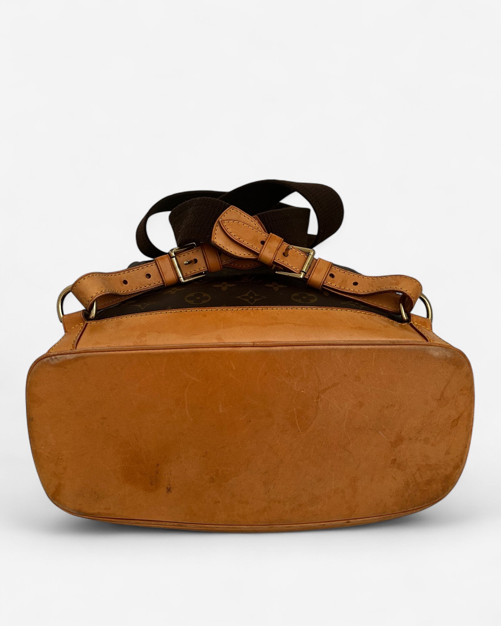 bottom view of lv montsouris bag showing leather base and corners