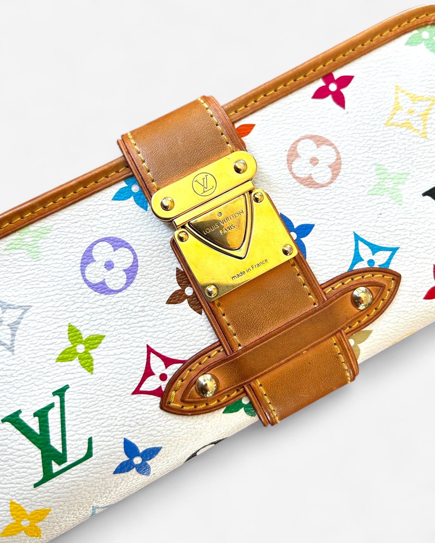 Close-up of Louis Vuitton x Murakami Shirley in white Monogram Multicolore canvas with gold hardware
