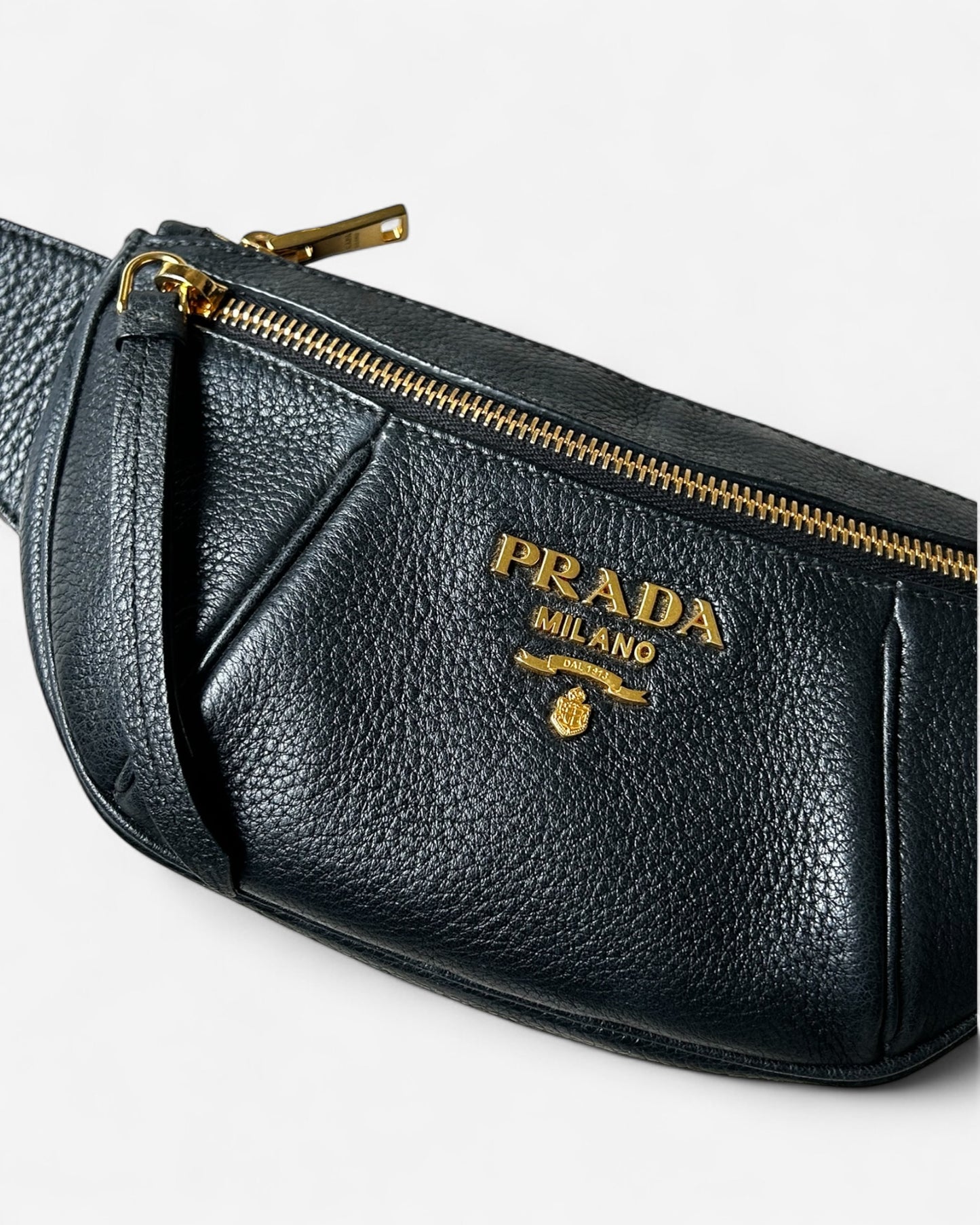 front view of pre-loved prada belt bag with zipper pocket