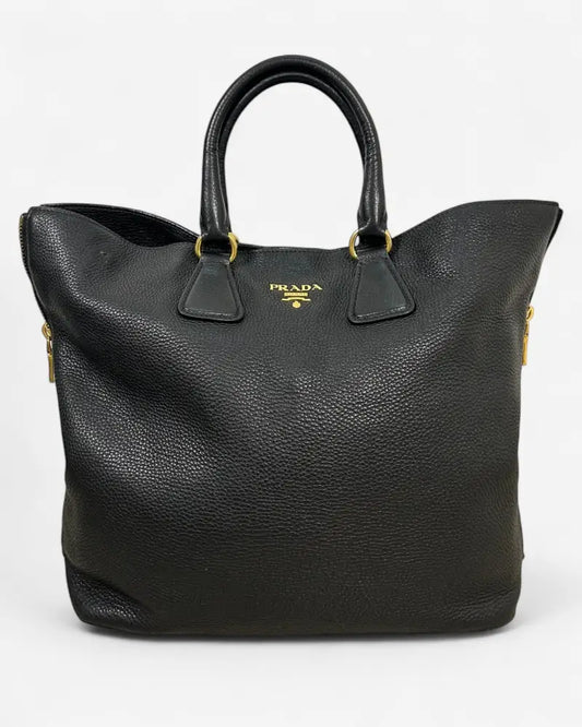 Pre-owned Prada Vitello Diano shopper tote in black textured leather with gold-tone hardware